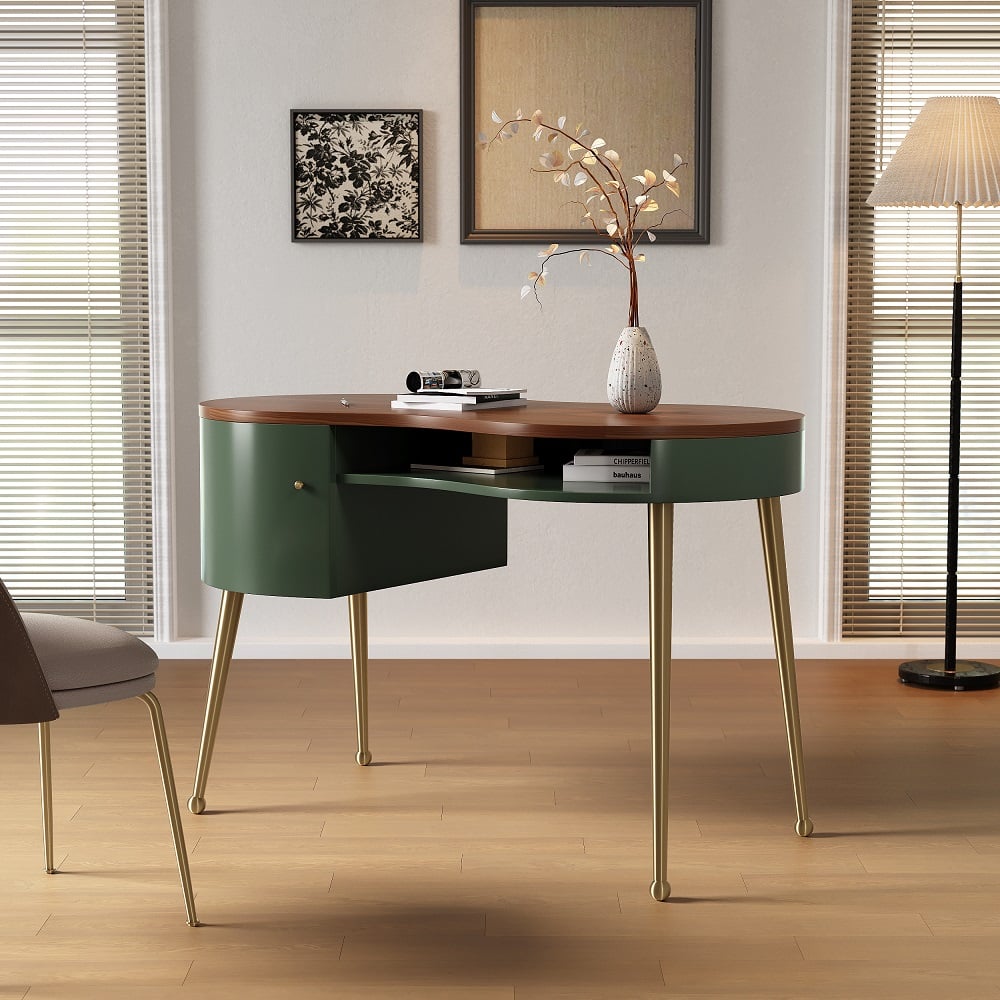 HMR - Curved Office Computer Desk with Shelf and Storage in Green and Gold
