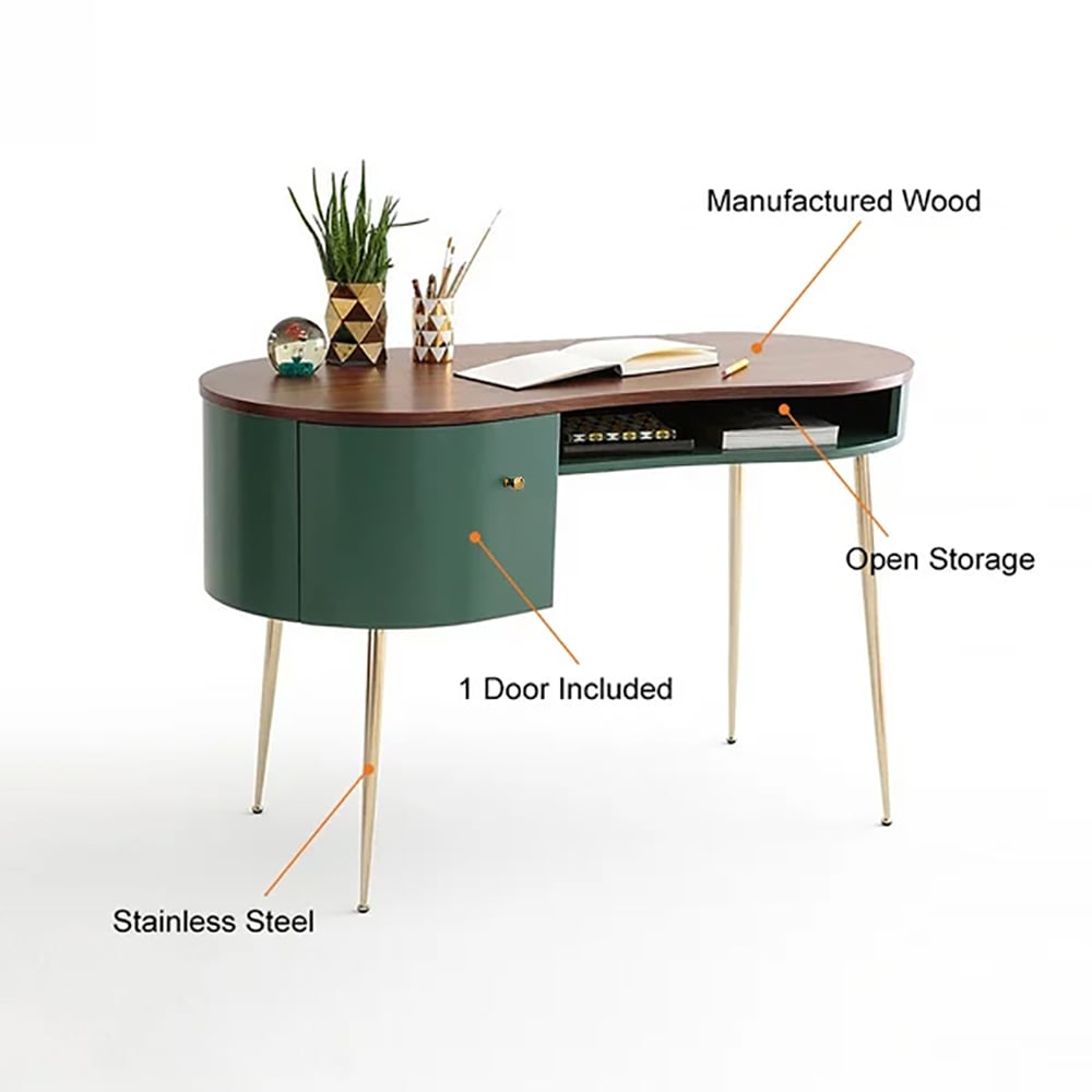 HMR - Curved Office Computer Desk with Shelf and Storage in Green and Gold