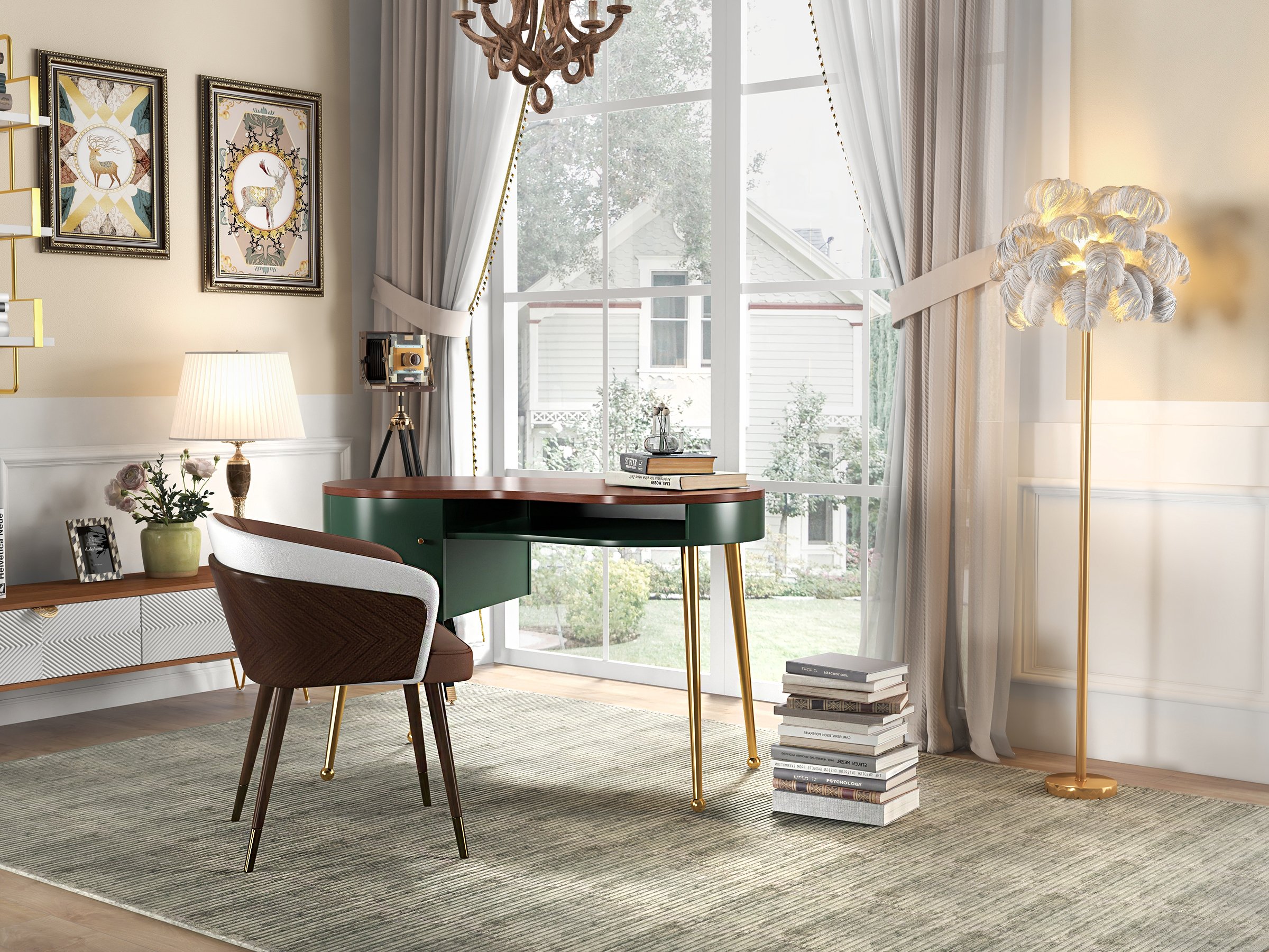 HMR - Curved Office Computer Desk with Shelf and Storage in Green and Gold