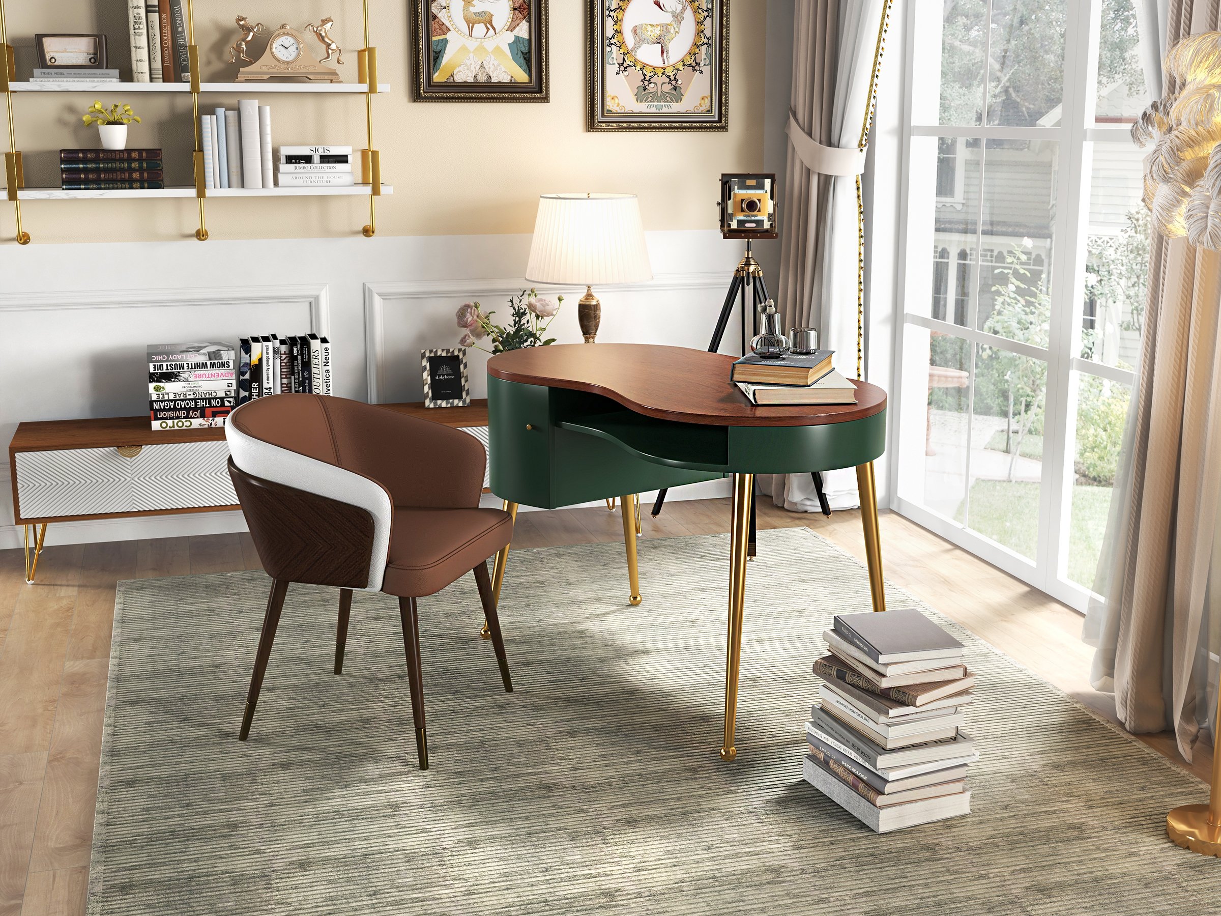 HMR - Curved Office Computer Desk with Shelf and Storage in Green and Gold