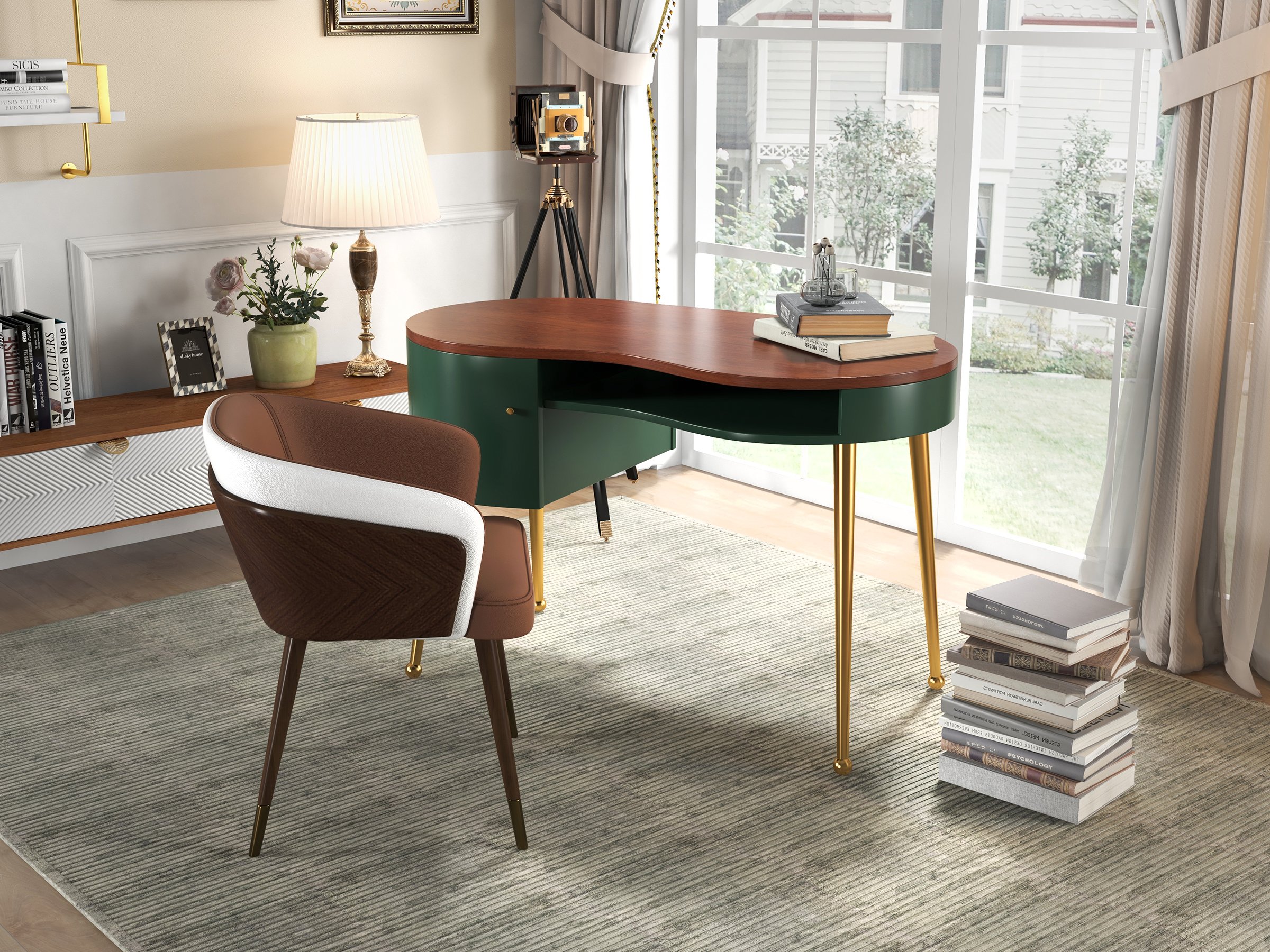 HMR - Curved Office Computer Desk with Shelf and Storage in Green and Gold