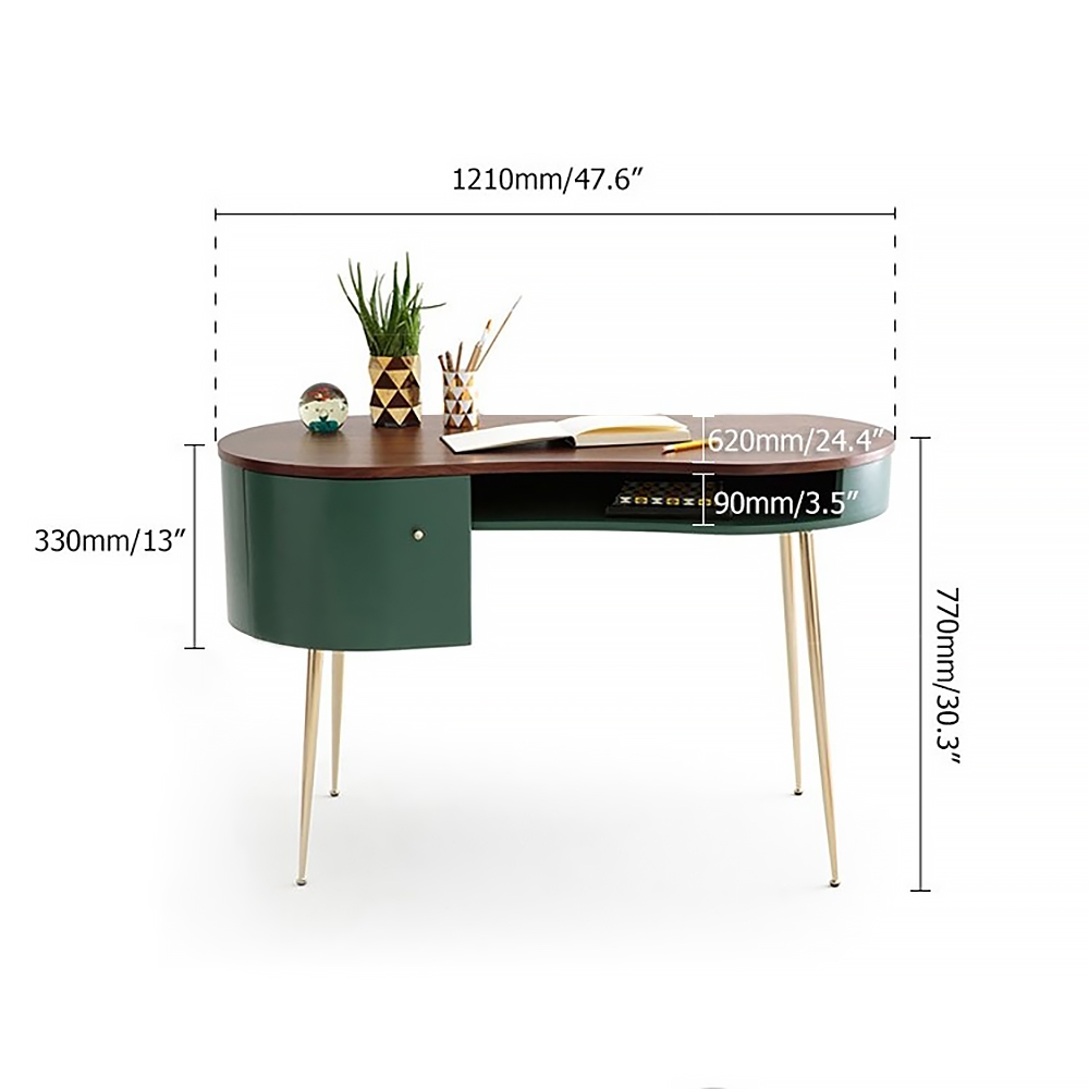 HMR - Curved Office Computer Desk with Shelf and Storage in Green and Gold