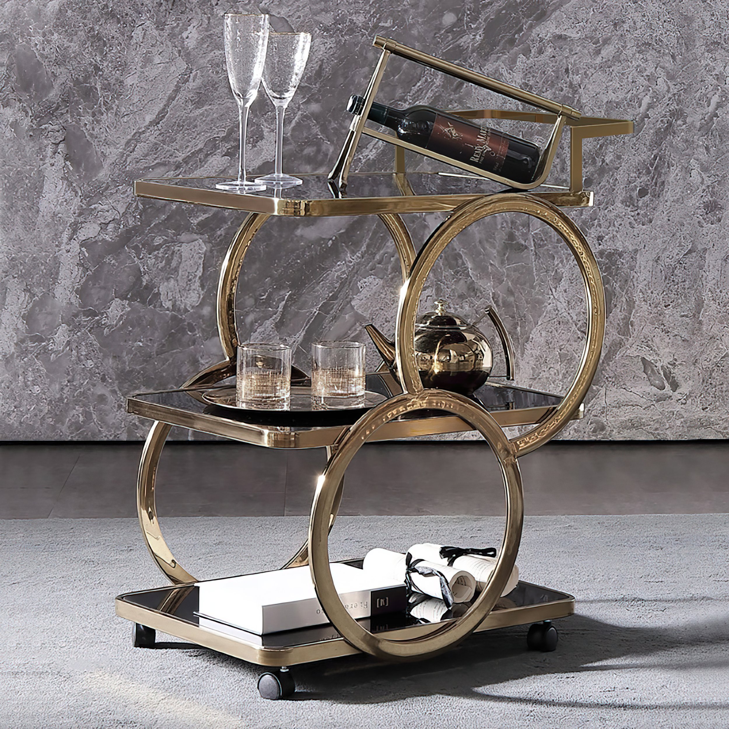 HMR - Modern Rolling 3-Tier Bar Cart on Wheel with Handle in Black and Gold