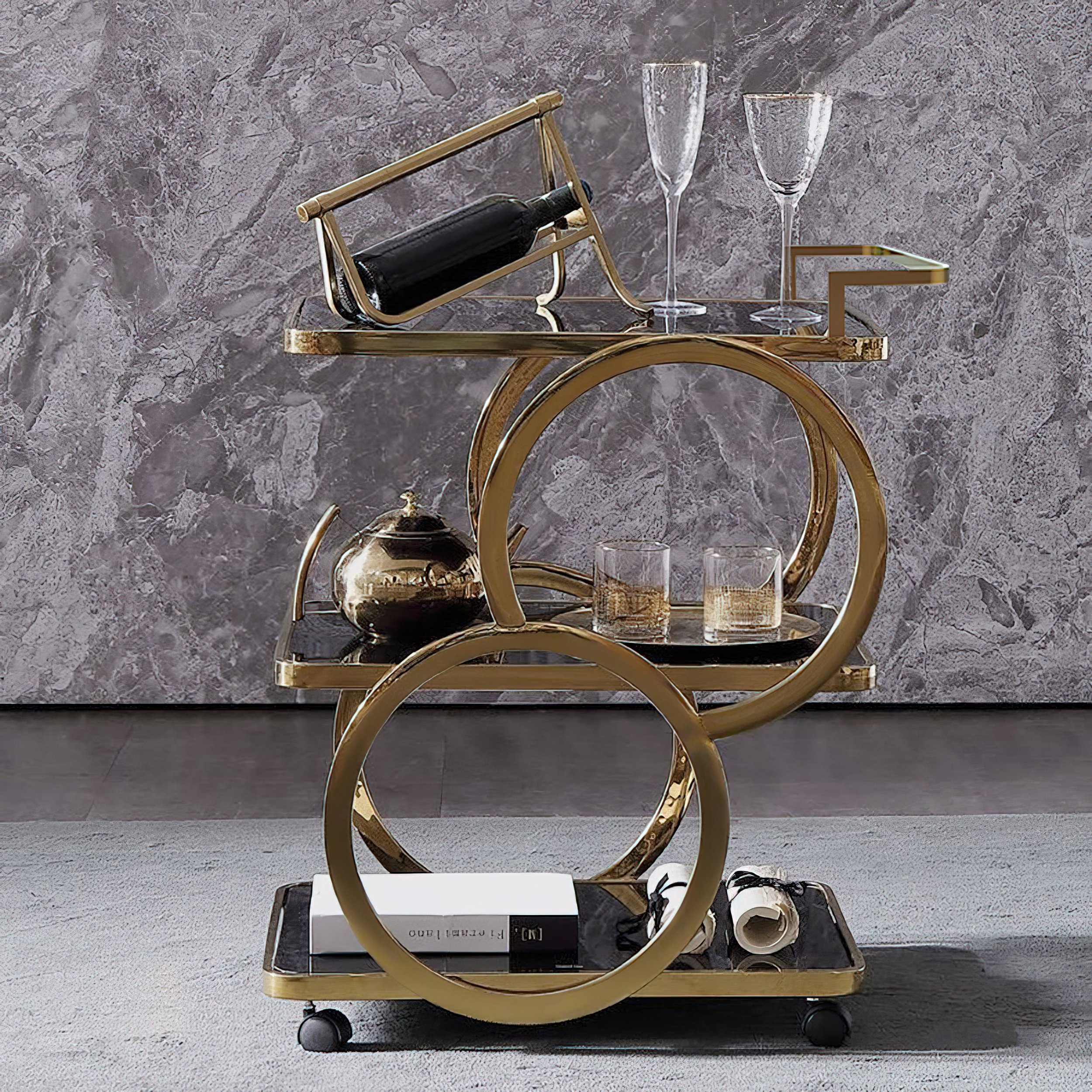 HMR - Modern Rolling 3-Tier Bar Cart on Wheel with Handle in Black and Gold