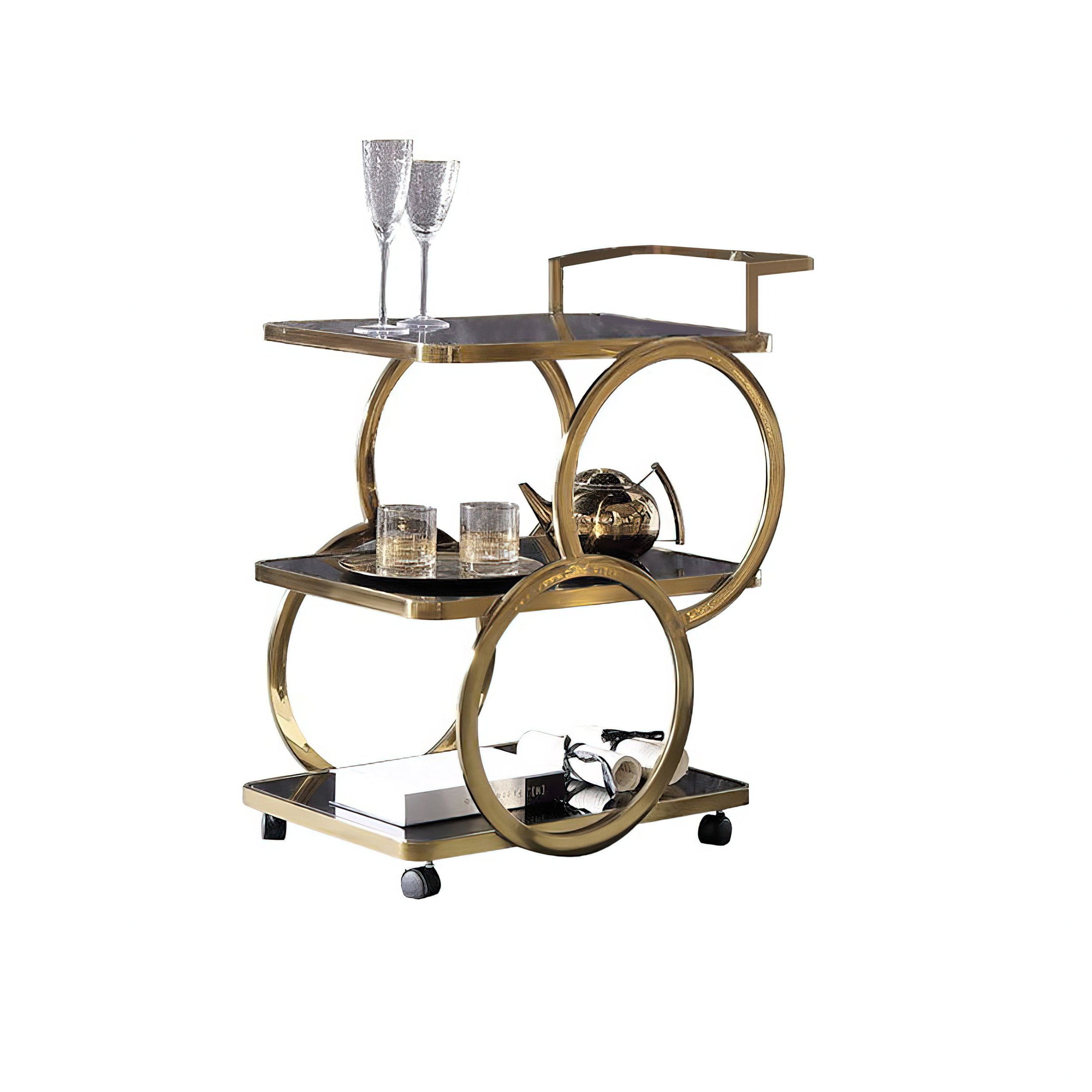 HMR - Modern Rolling 3-Tier Bar Cart on Wheel with Handle in Black and Gold