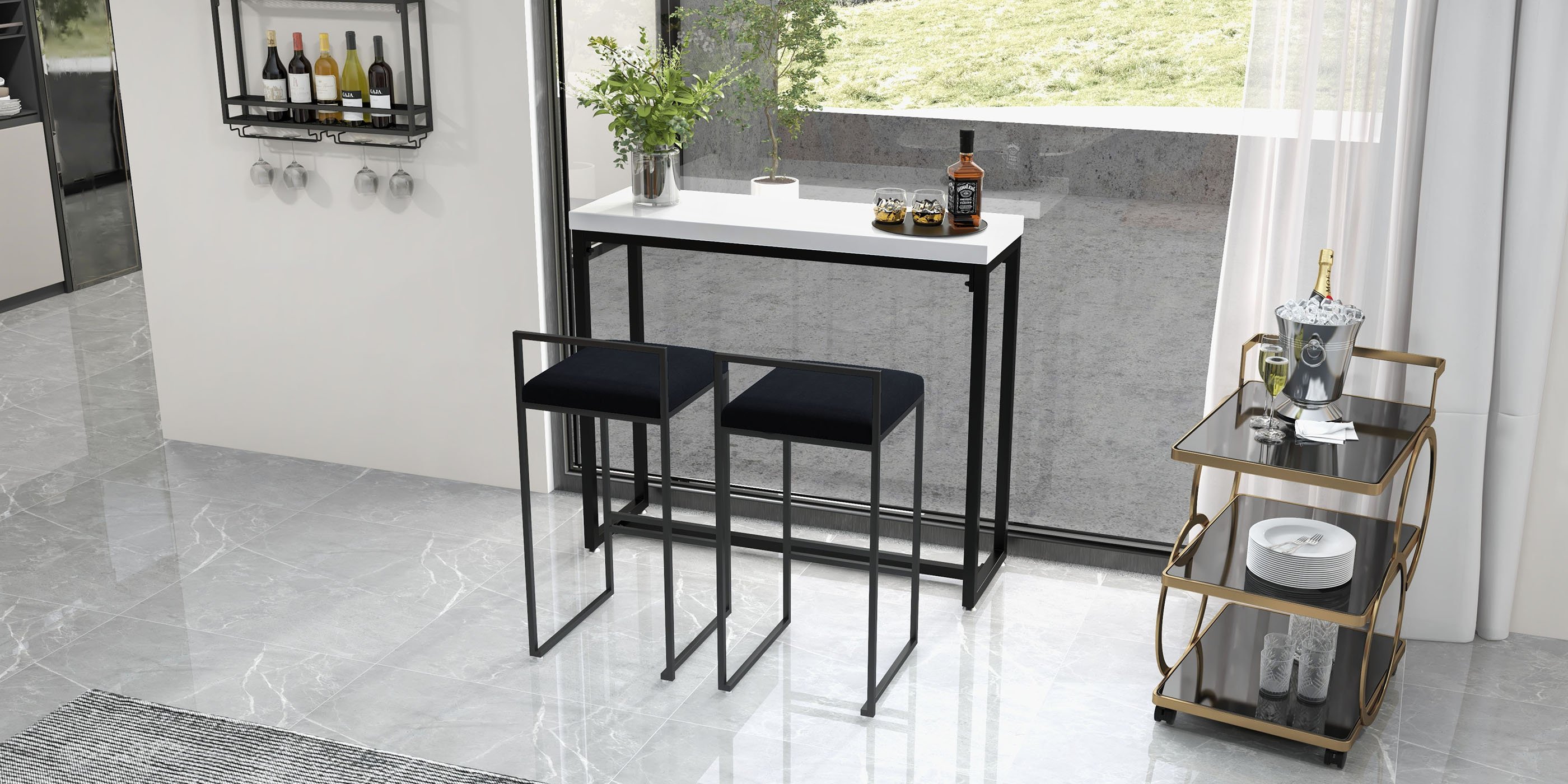 HMR - Modern Rolling 3-Tier Bar Cart on Wheel with Handle in Black and Gold