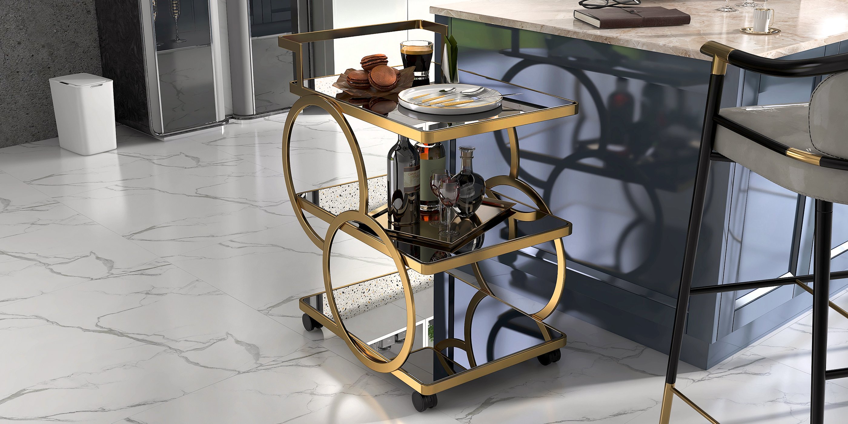 HMR - Modern Rolling 3-Tier Bar Cart on Wheel with Handle in Black and Gold