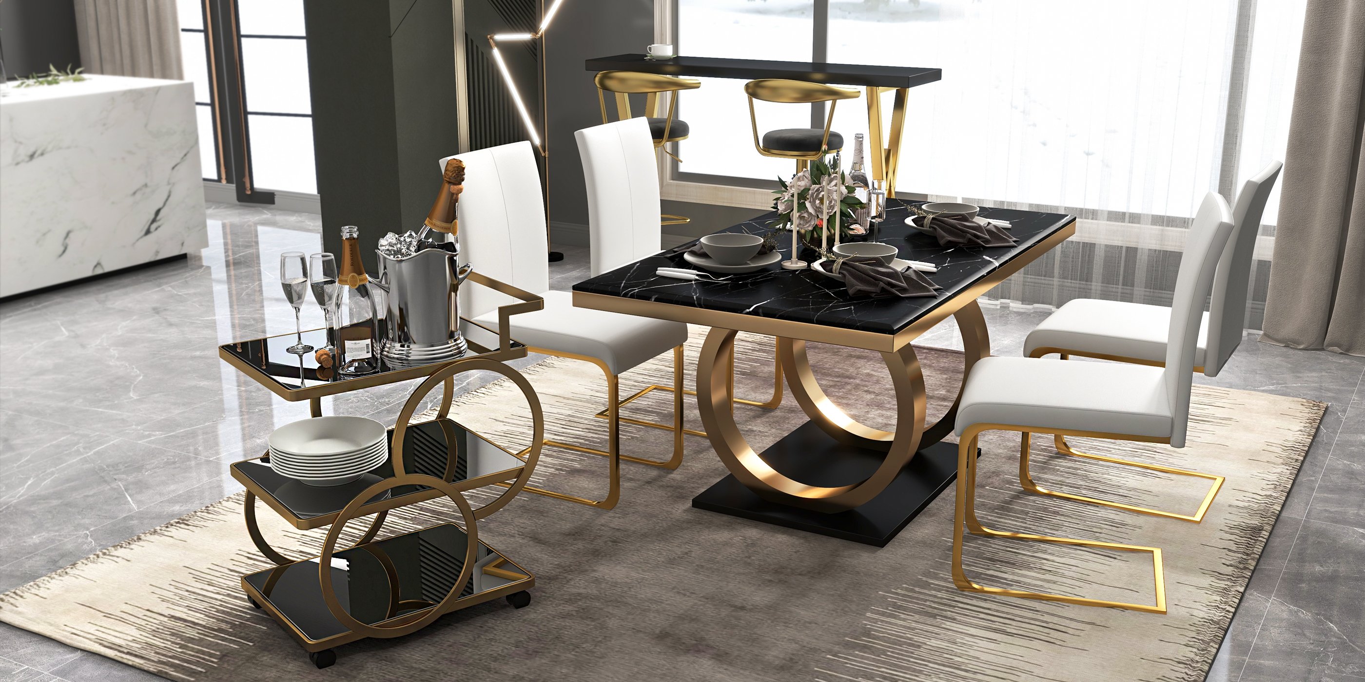 HMR - Modern Rolling 3-Tier Bar Cart on Wheel with Handle in Black and Gold