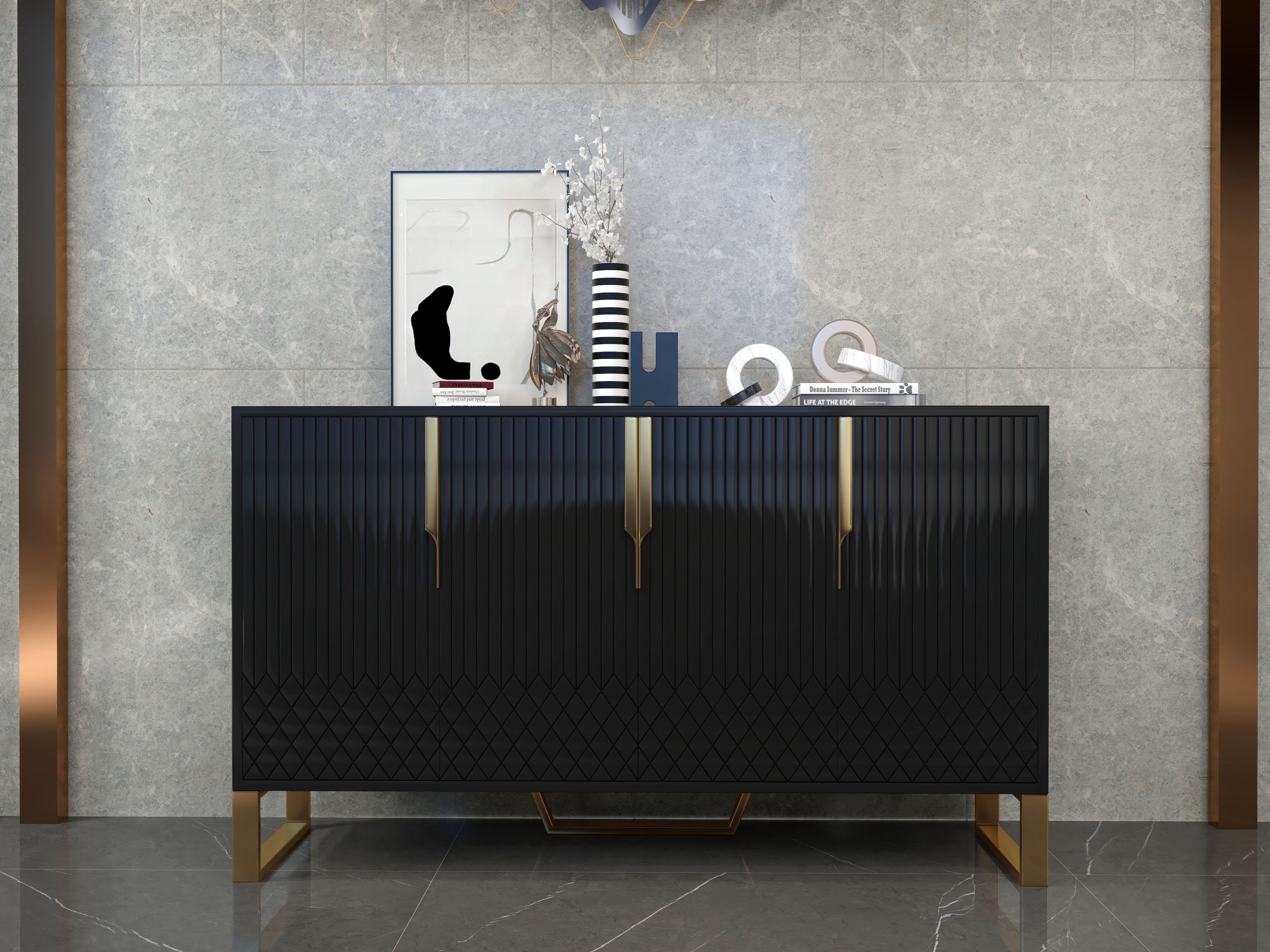 HMR Aro Series Modern 59.1" Affordable Sideboard with Storage - Black