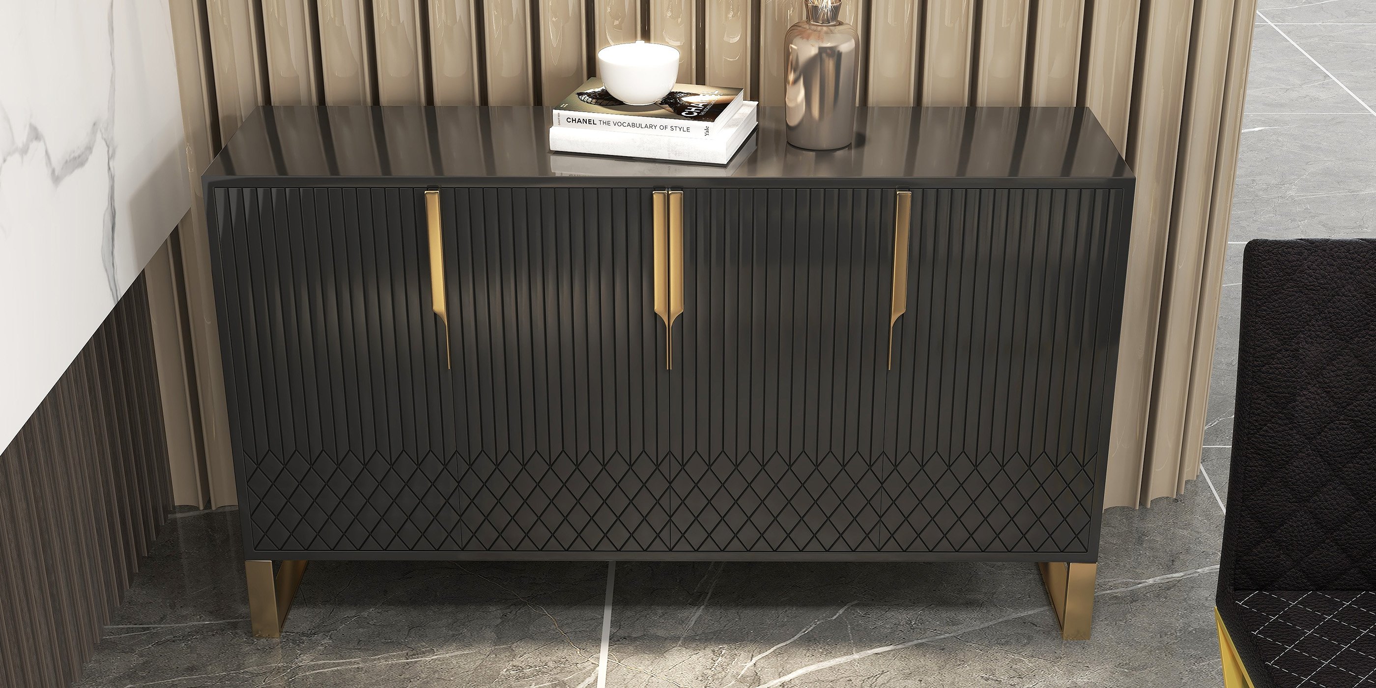 HMR Aro Series Modern 59.1" Affordable Sideboard with Storage - Black