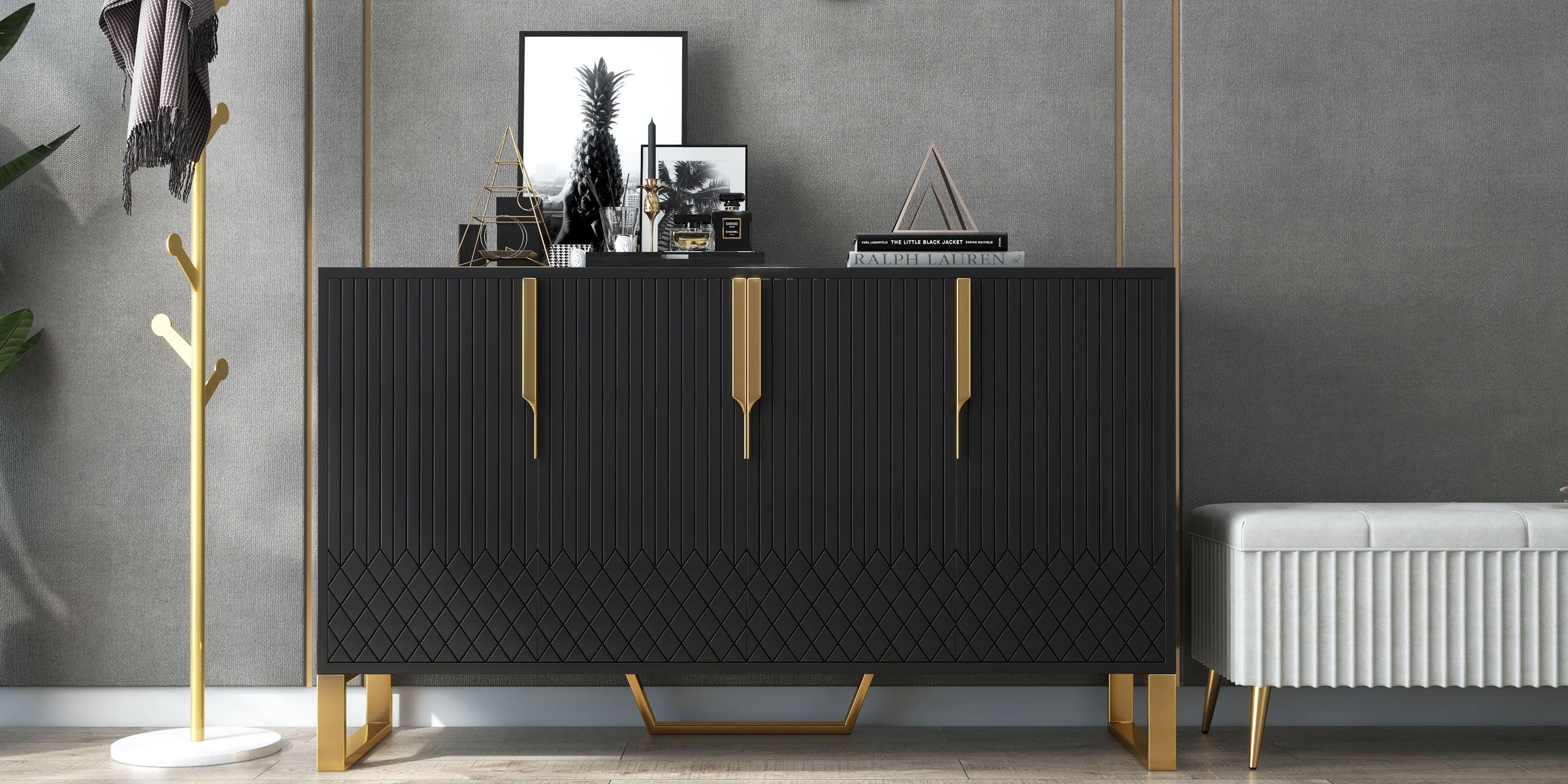 HMR Aro Series Modern 59.1" Affordable Sideboard with Storage - Black
