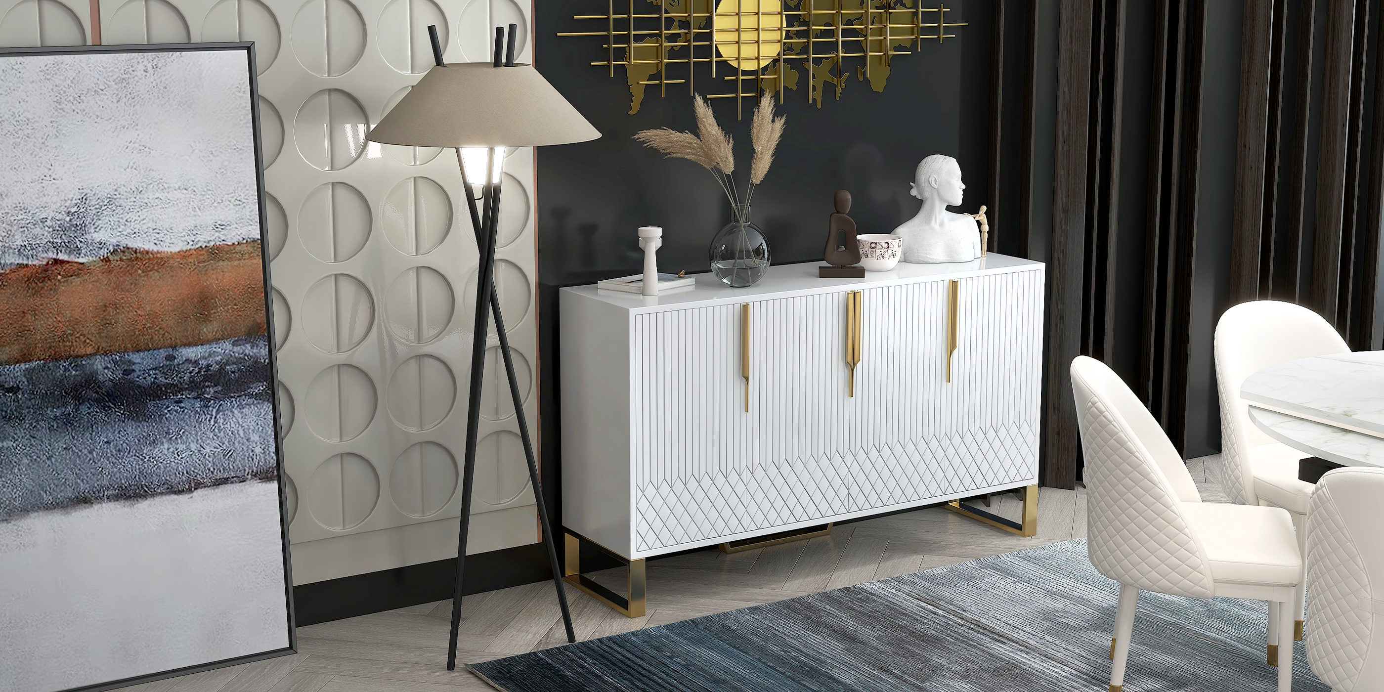 HMR Aro Series Modern 59.1" Affordable Sideboard with Storage - White