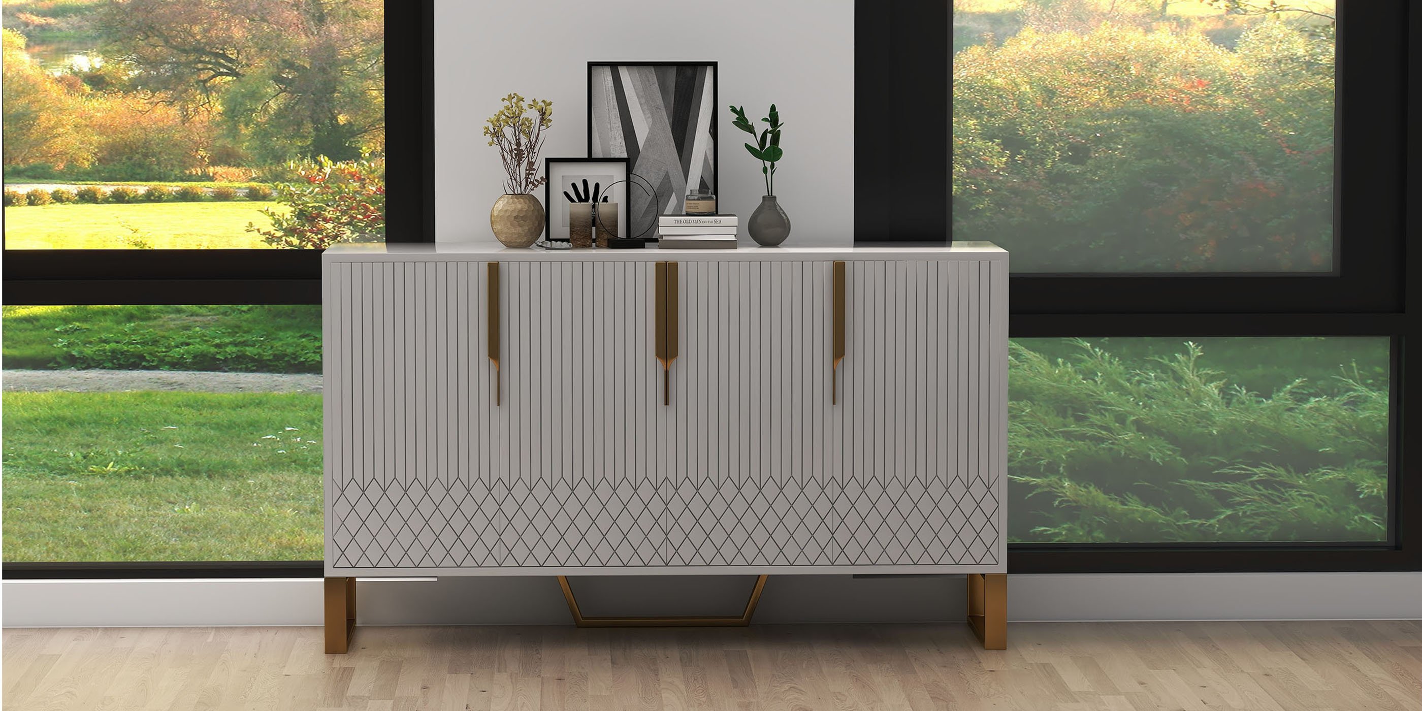 HMR Aro Series Modern 59.1" Affordable Sideboard with Storage - White