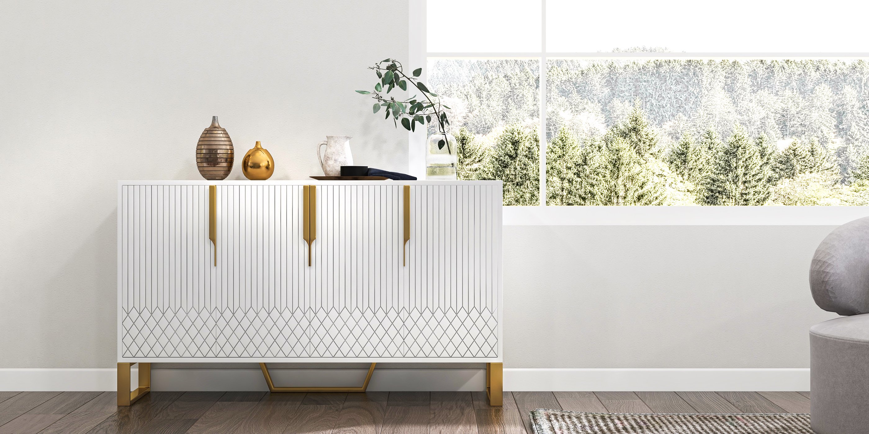 HMR Aro Series Modern 59.1" Affordable Sideboard with Storage - White
