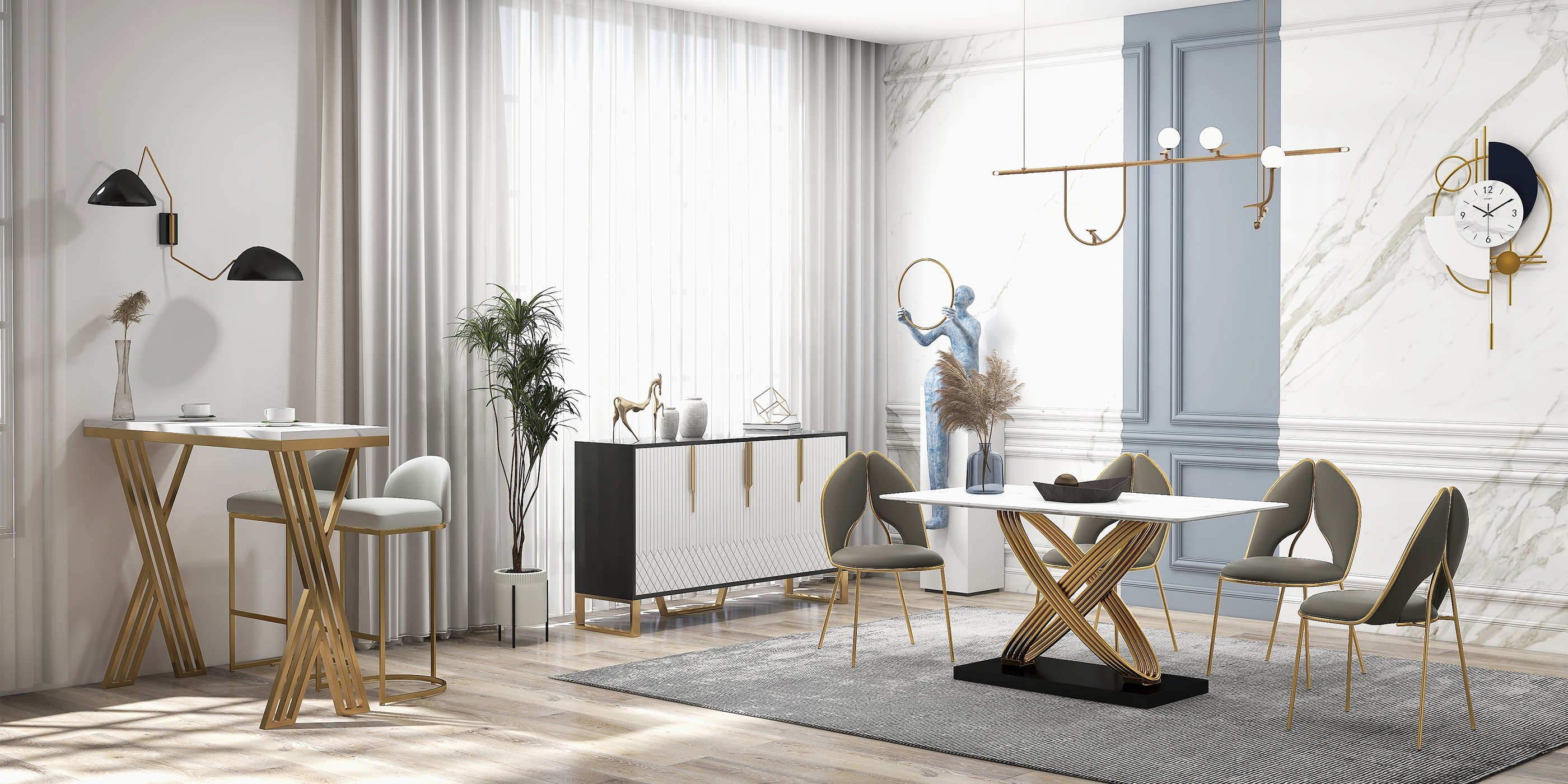 HMR Aro Series Modern 59.1" Affordable Sideboard with Storage - White/Black