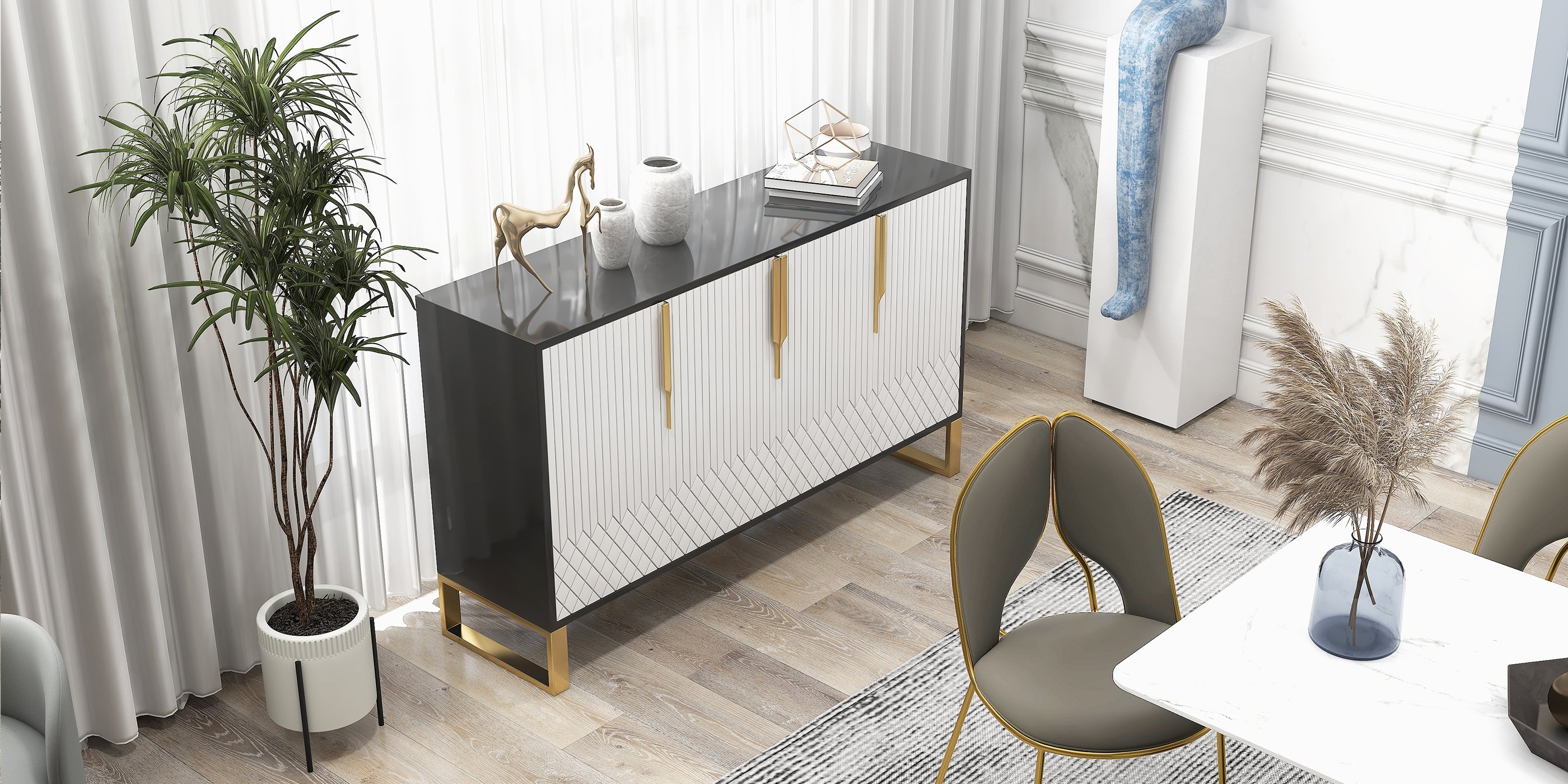 HMR Aro Series Modern 59.1" Affordable Sideboard with Storage - White/Black