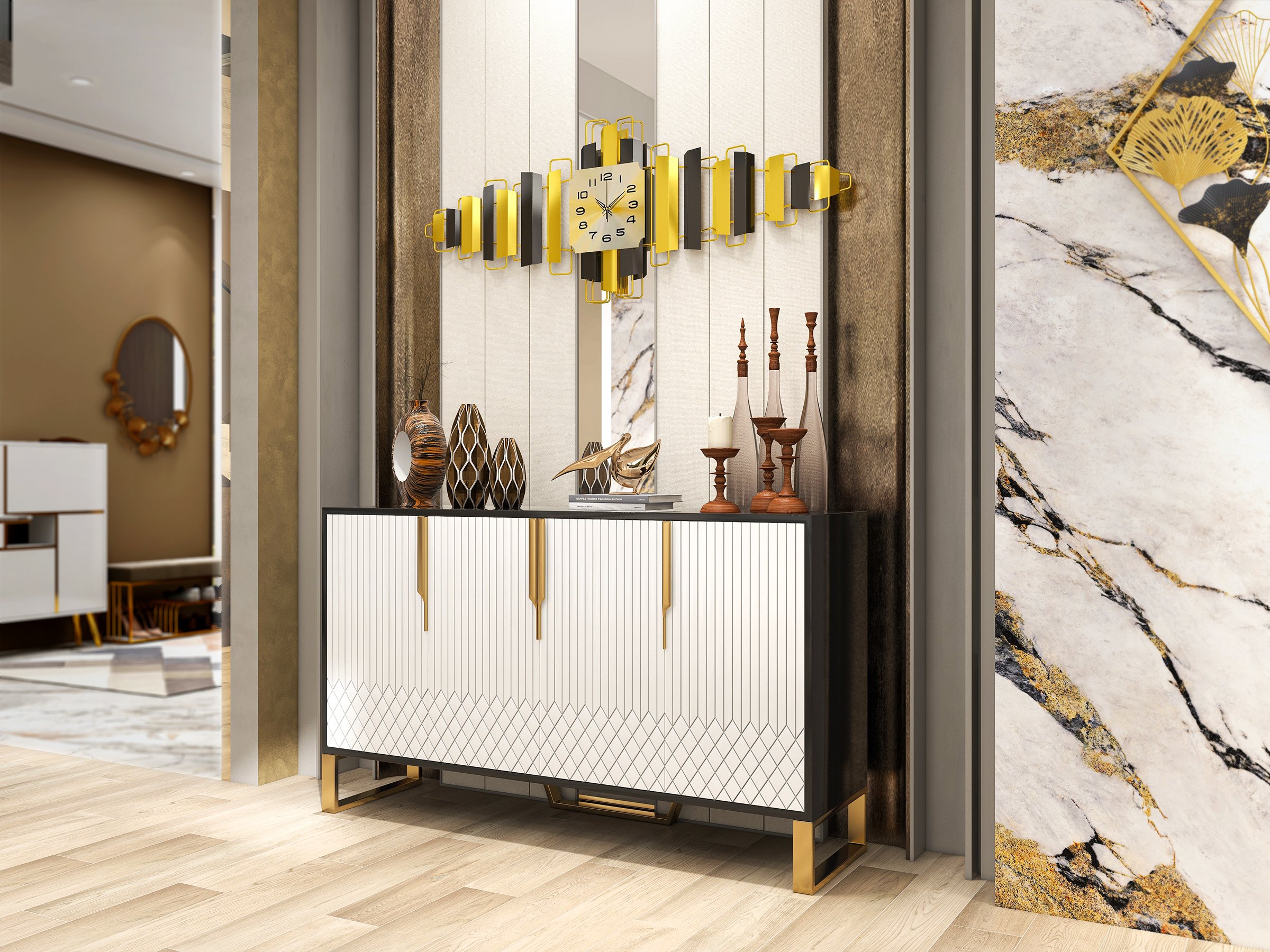 HMR Aro Series Modern 59.1" Affordable Sideboard with Storage - White/Black