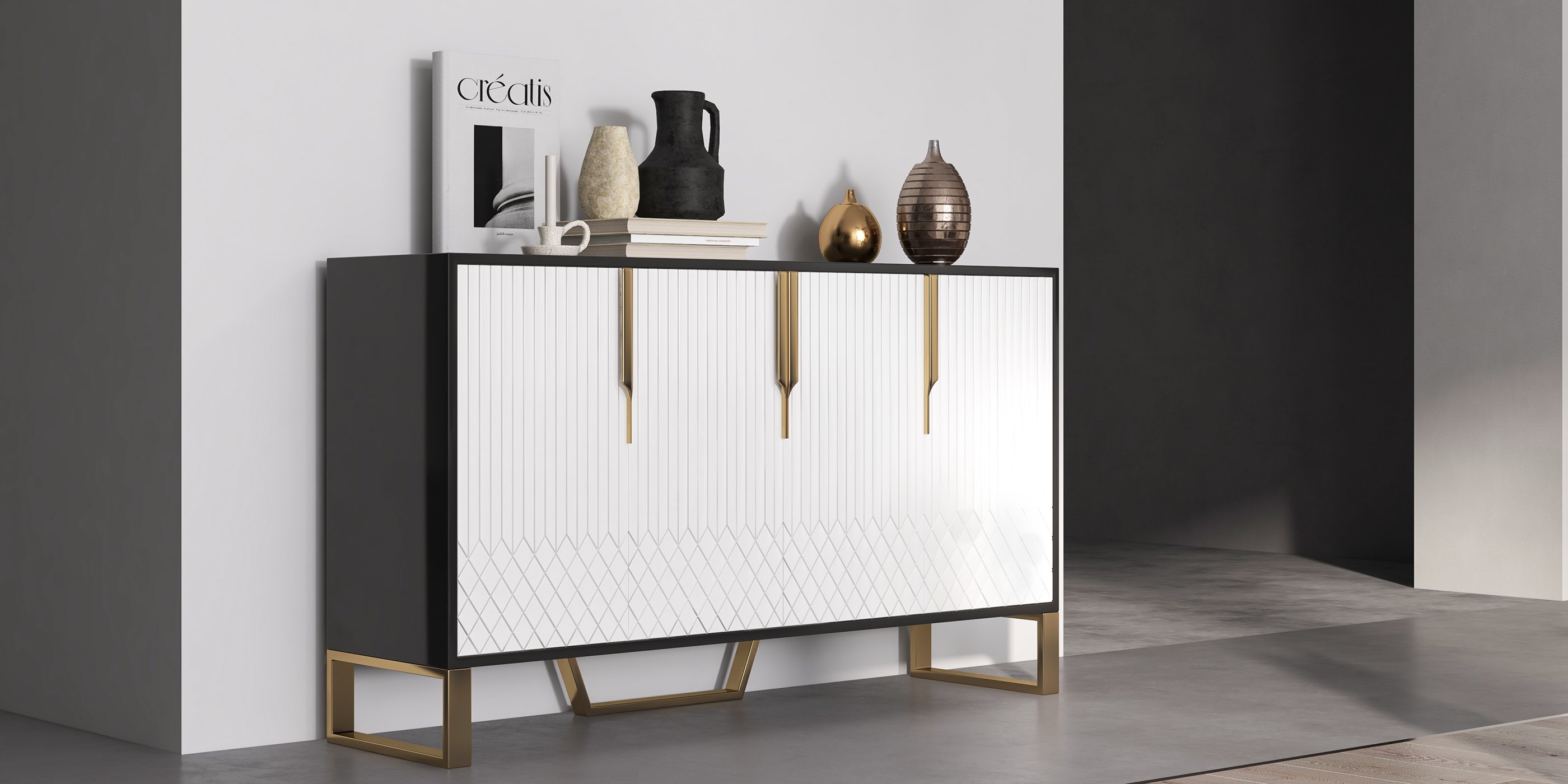 HMR Aro Series Modern 59.1" Affordable Sideboard with Storage - White/Black