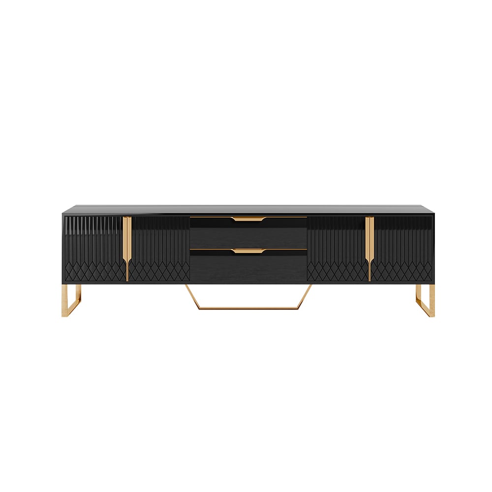 HMR Aro Modern Wood TV Stand with 2 Drawers & 4 Doors Small Media Console - Black, 78.7"W x 15.7"D x 18.9"H