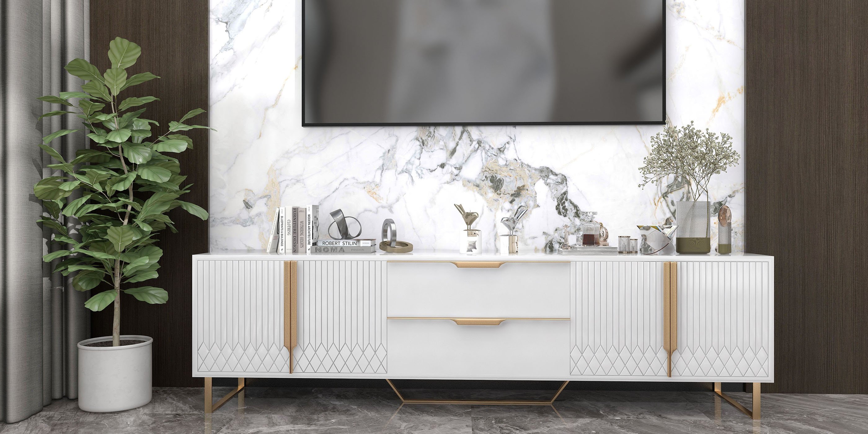 HMR Aro Modern Wood TV Stand with 2 Drawers & 4 Doors Small Media Console - White, 78.7"W x 15.7"D x 18.9"H