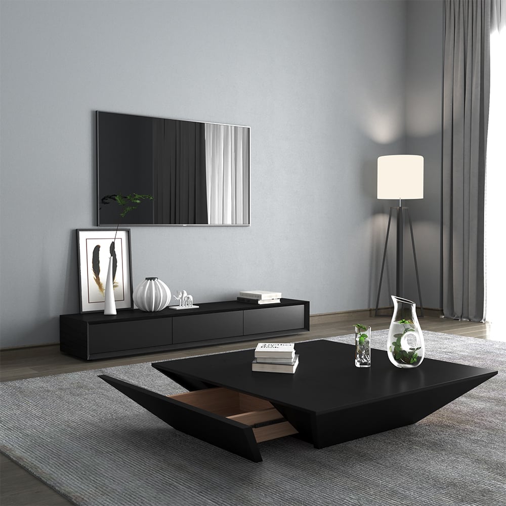 HMR Morami Series Modern 71" Rectangular TV Stand with 3 Drawers - Black