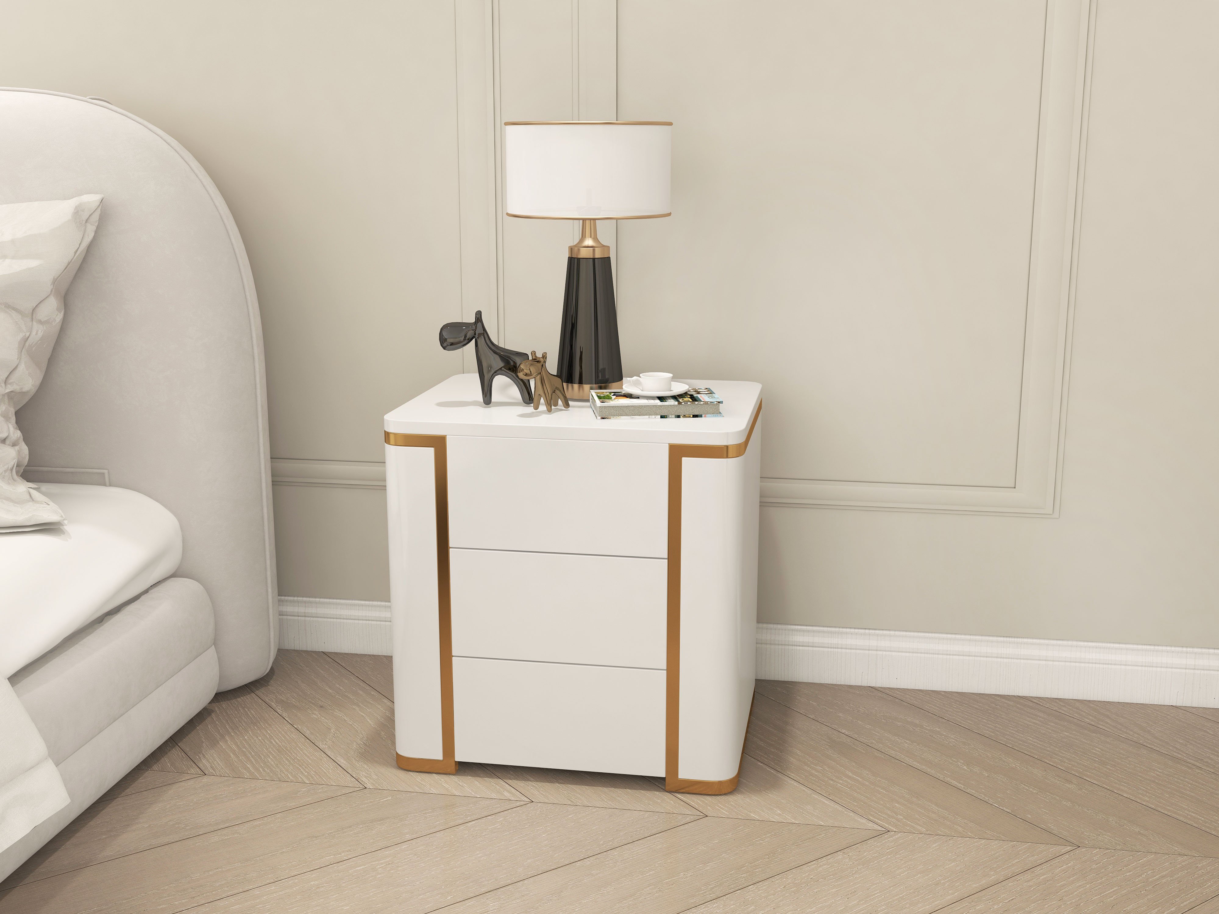 HMR Modern Luxury Square Nightstand with 3 Drawers - White/Gold