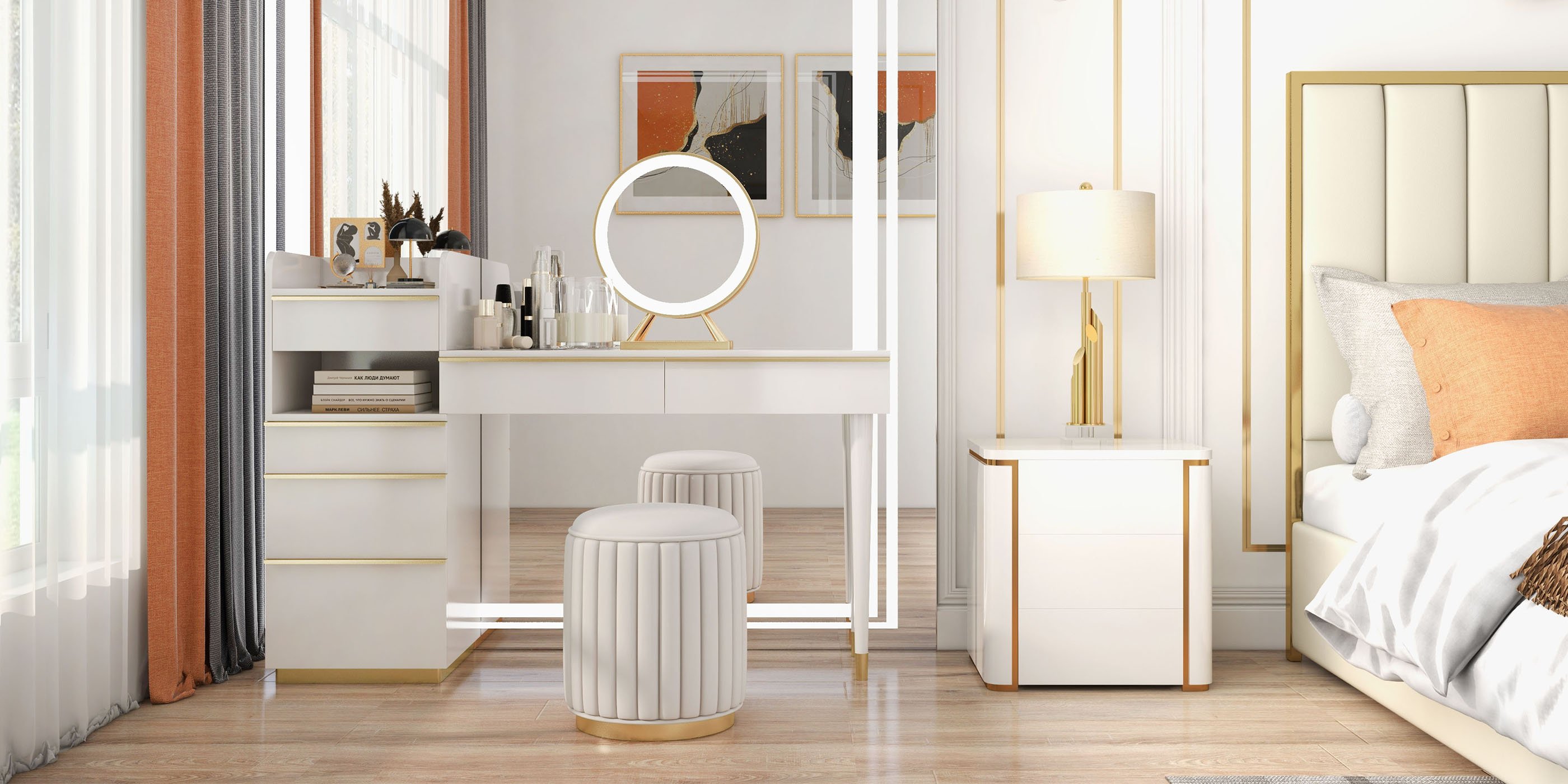 HMR Modern Luxury Square Nightstand with 3 Drawers - White/Gold
