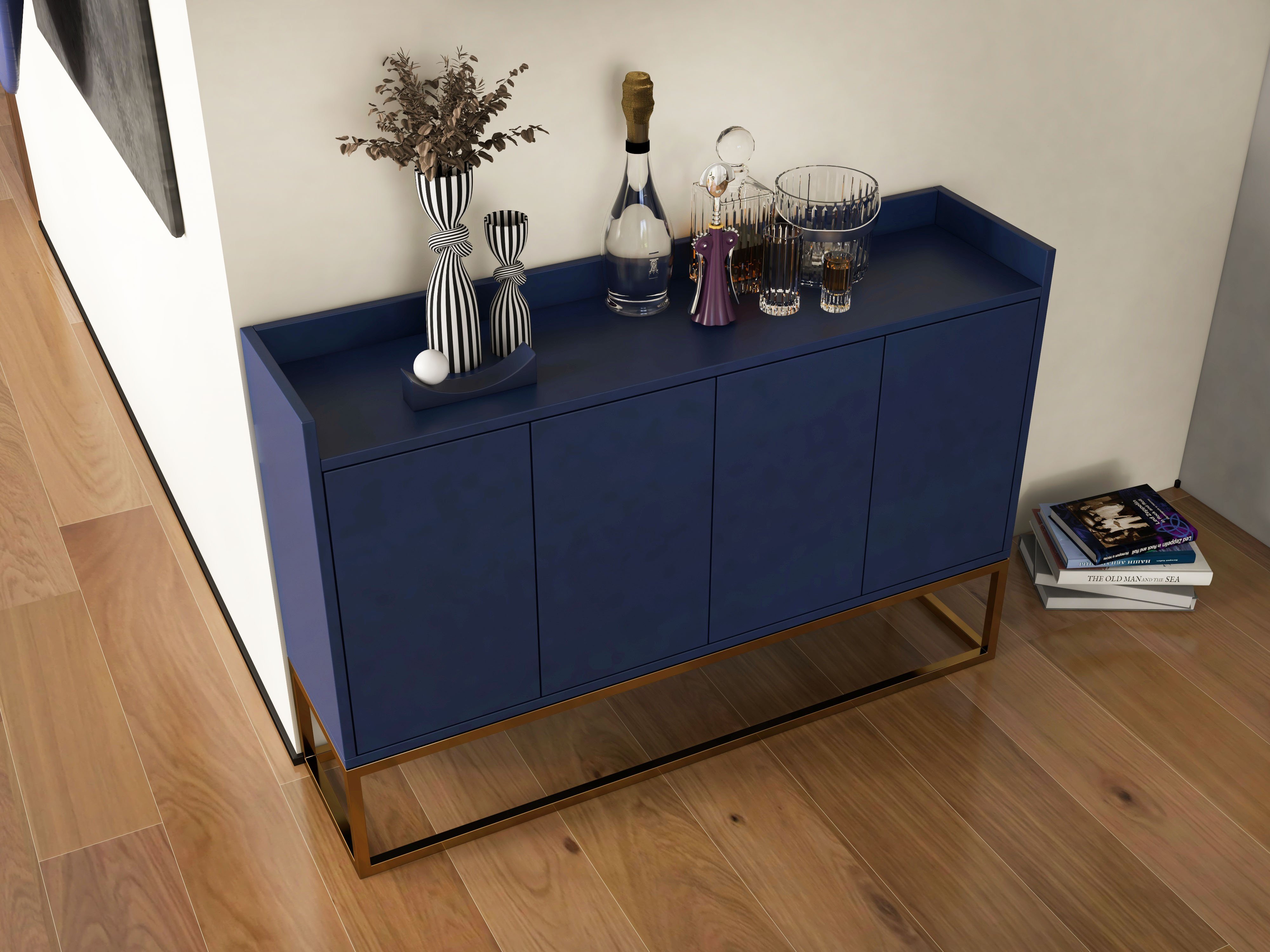 HMR Modern 47" Sideboard Buffet with 4 Doors - Blue/Gold