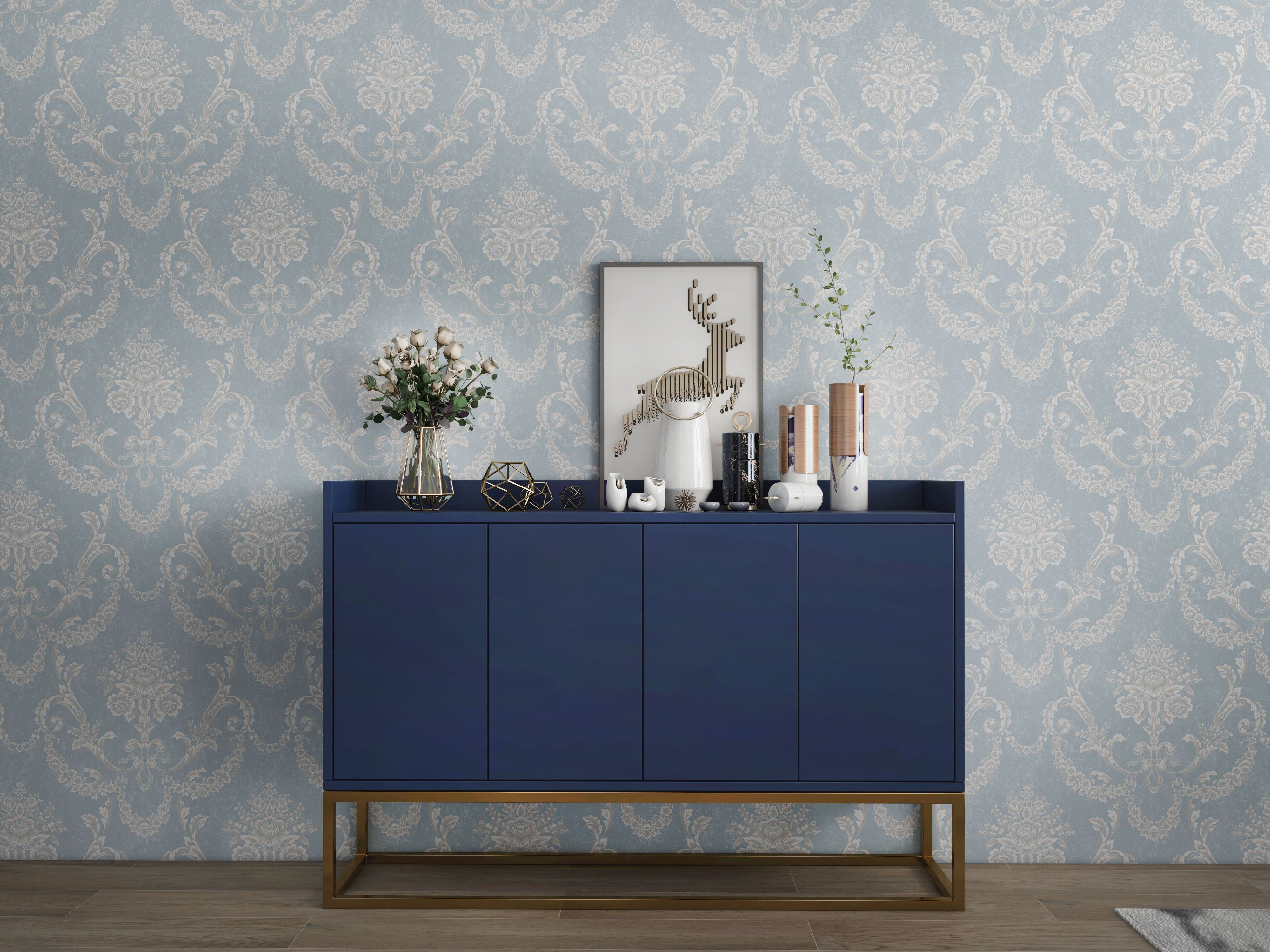 HMR Modern 47" Sideboard Buffet with 4 Doors - Blue/Gold