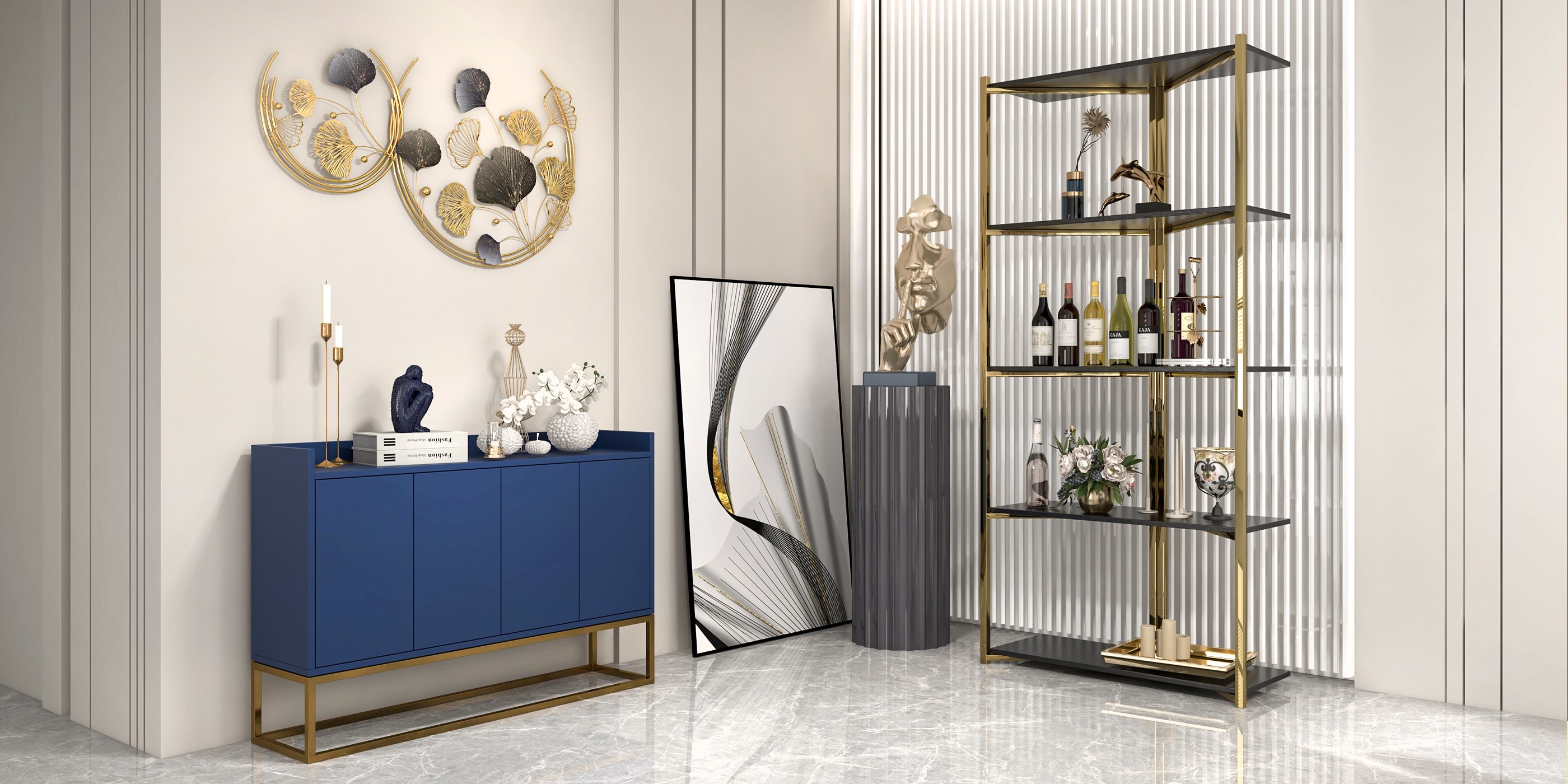 HMR Modern 47" Sideboard Buffet with 4 Doors - Blue/Gold