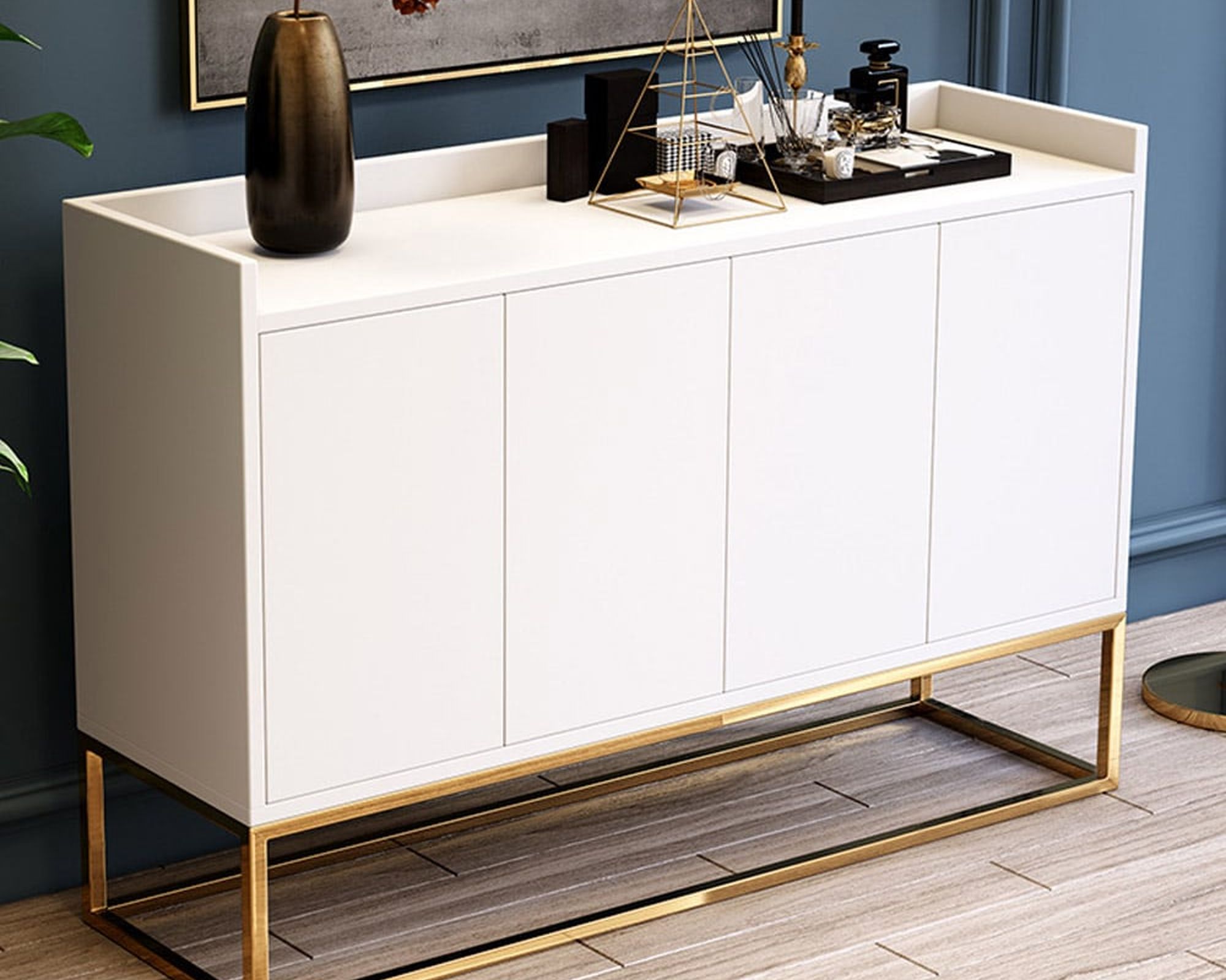 HMR Modern 47" Sideboard Buffet with 4 Doors - White/Gold