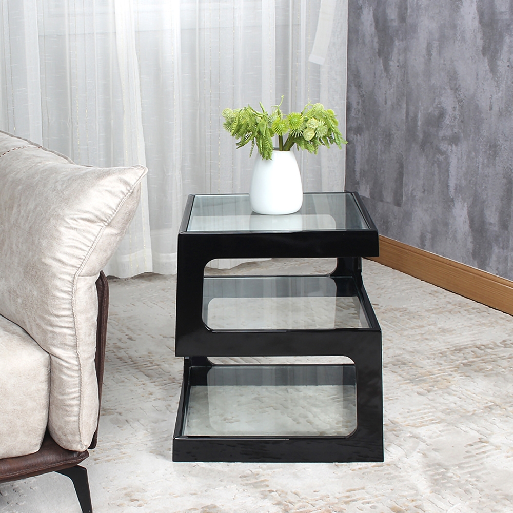 HMR Modern Glass End Table with 3 Tiers - Black
