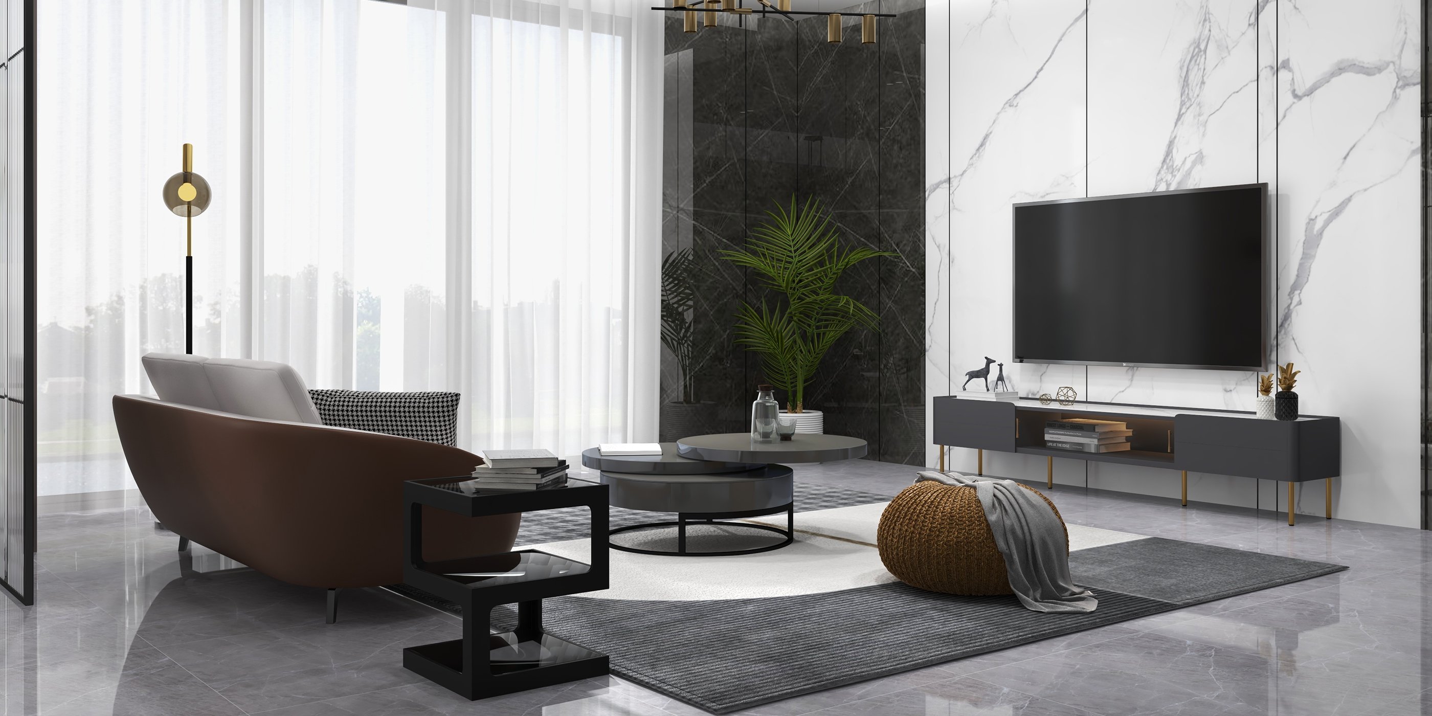 HMR Modern Glass End Table with 3 Tiers - Black