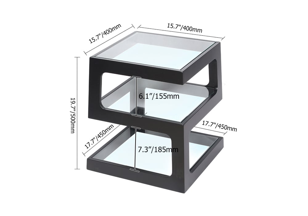 HMR Modern Glass End Table with 3 Tiers - Black