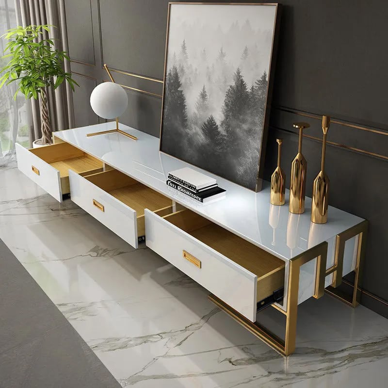 HMR Jocise Modern 71" TV Stand 3 Drawers Media Console - White/Gold