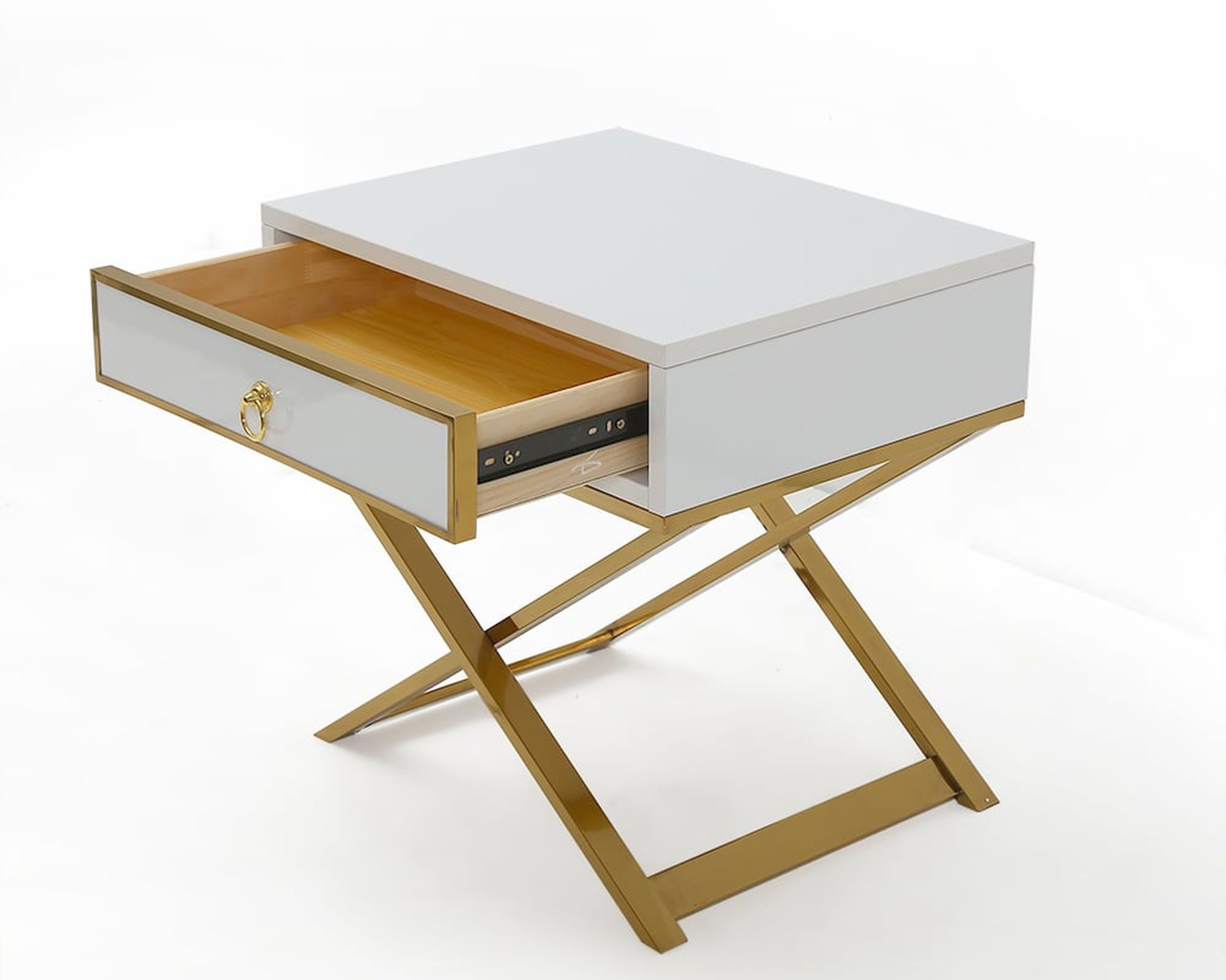HMR - 1-Drawer Nighstand with X-Shaped Stainless Steel Base in White