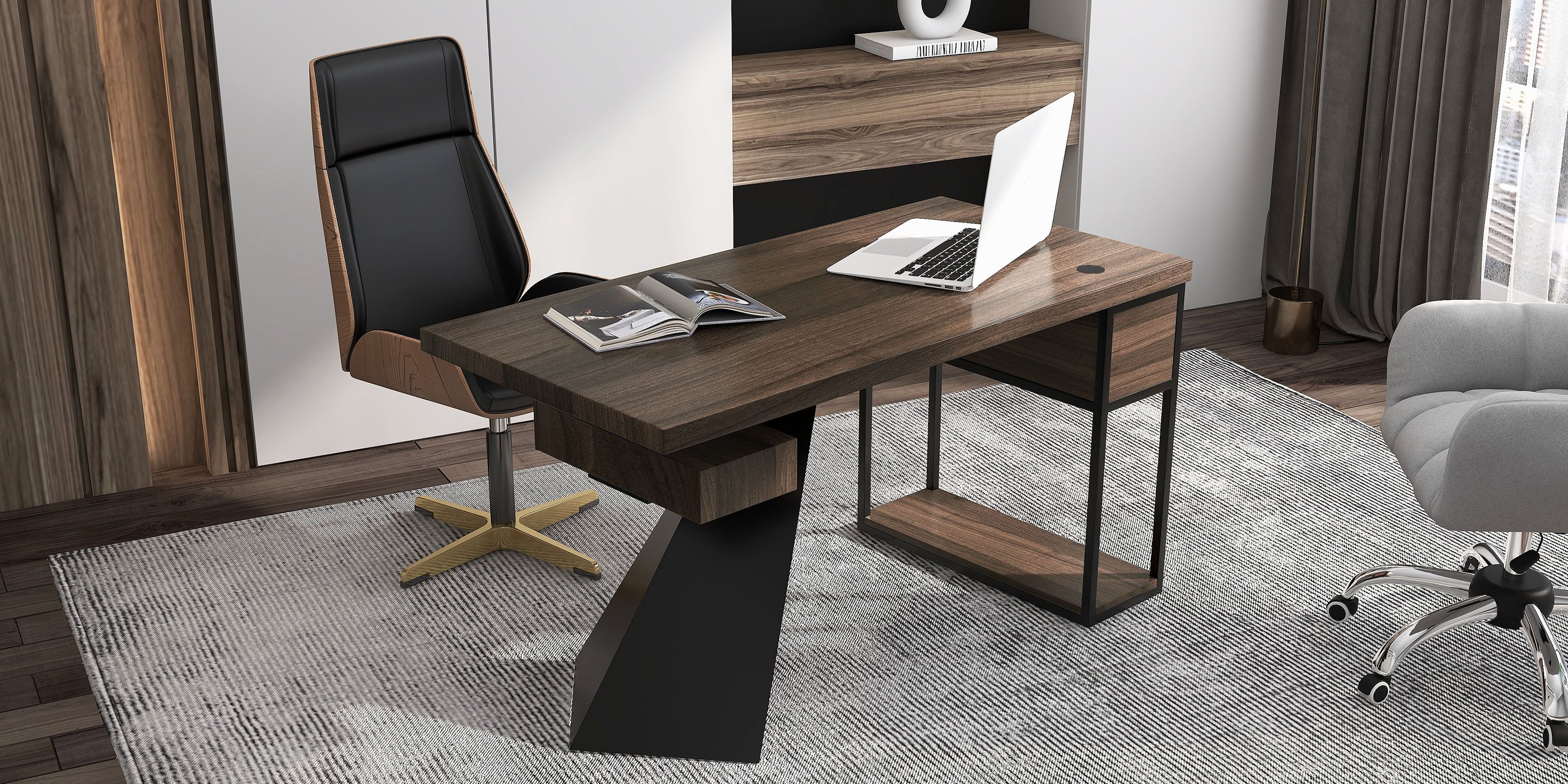 HMR Modern Home Office Chair with Upholstered High Back - Black, Leather