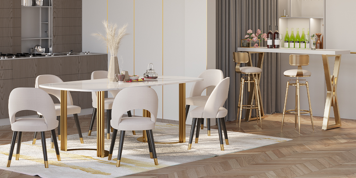 HMR Modern 79" Rectangle Dining Table for 4-6 People - Gold/White, Faux Marble