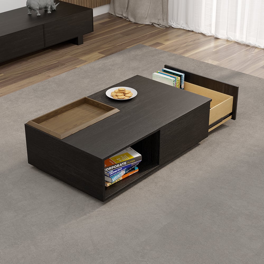 HMR - Rectangular Wood Coffee Table with Drawer and Removable Tray Top in Black and Walnut