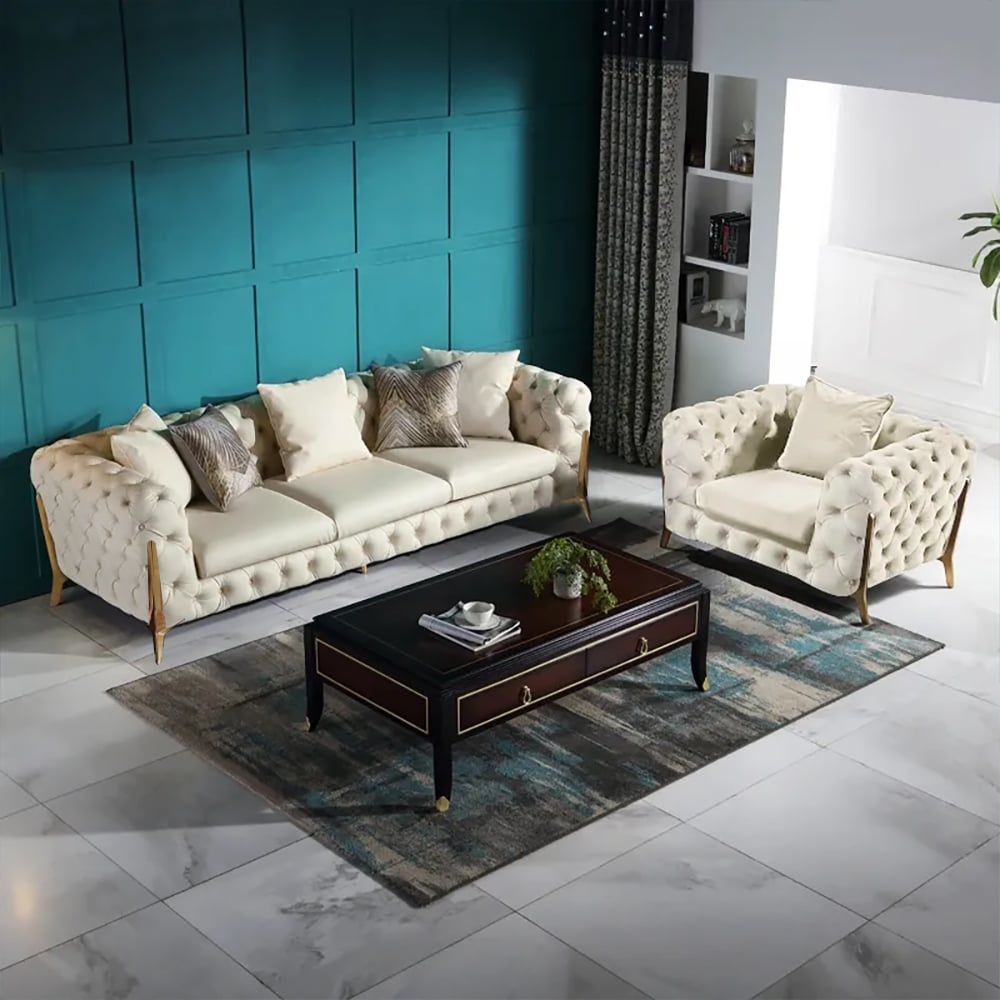 HMR - Chesterfield 3-Seater Sofa Button Tufted Velvet in 91"W, Beige