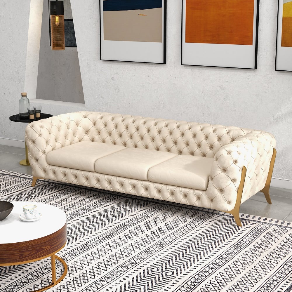 HMR - Chesterfield 3-Seater Sofa Button Tufted Velvet in 91"W, Beige
