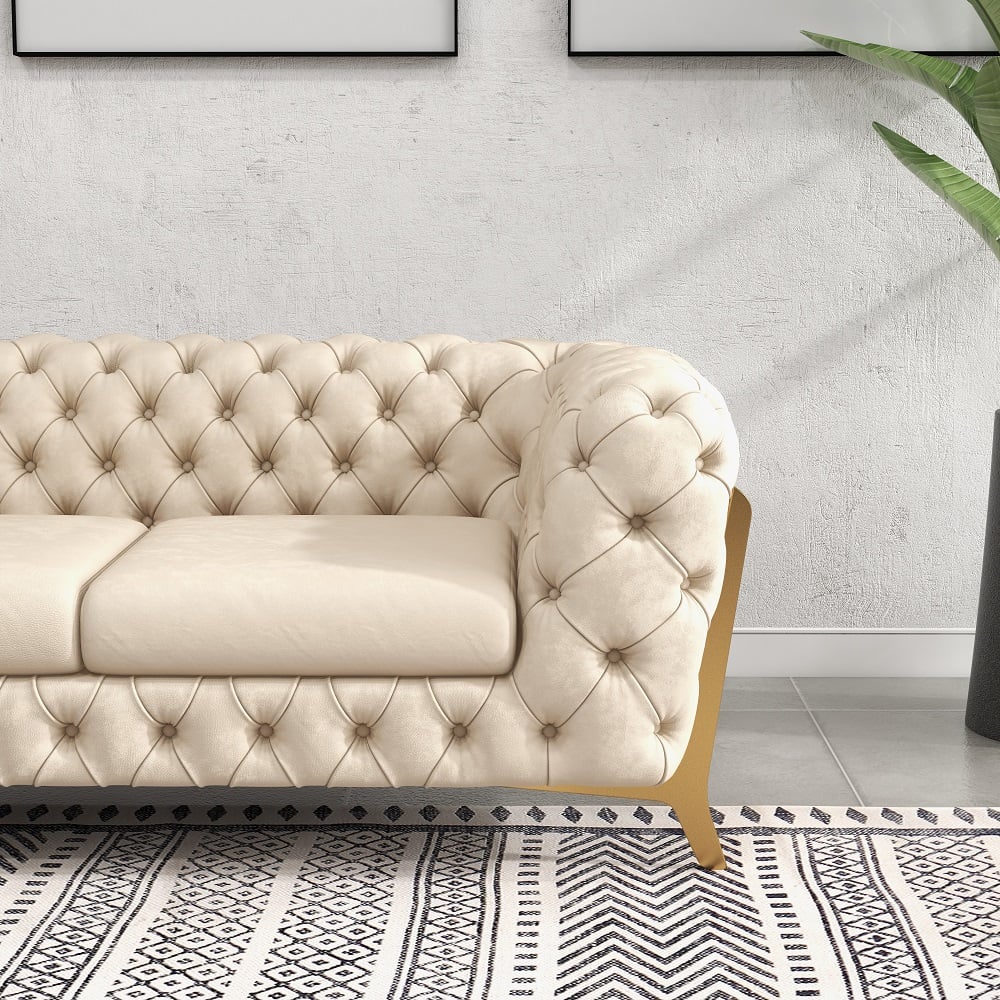 HMR - Chesterfield 3-Seater Sofa Button Tufted Velvet in 91"W, Beige