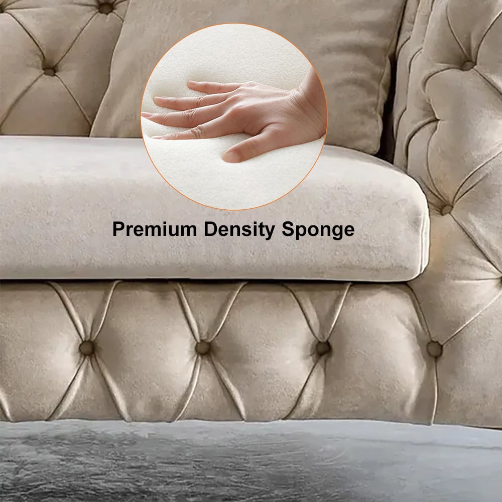 HMR - Chesterfield 3-Seater Sofa Button Tufted Velvet in 91"W, Beige