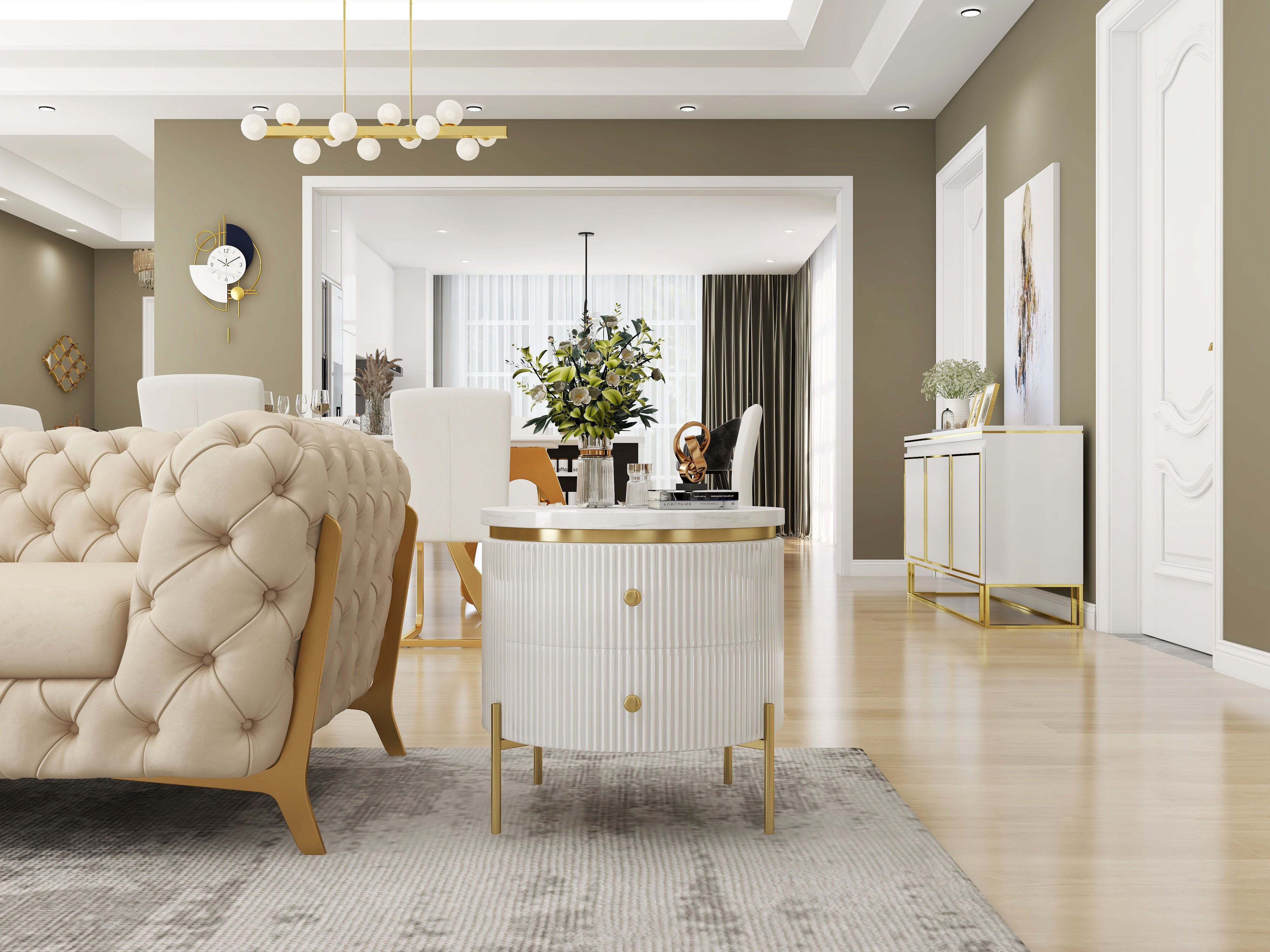 HMR - Chesterfield 3-Seater Sofa Button Tufted Velvet in 91"W, Beige