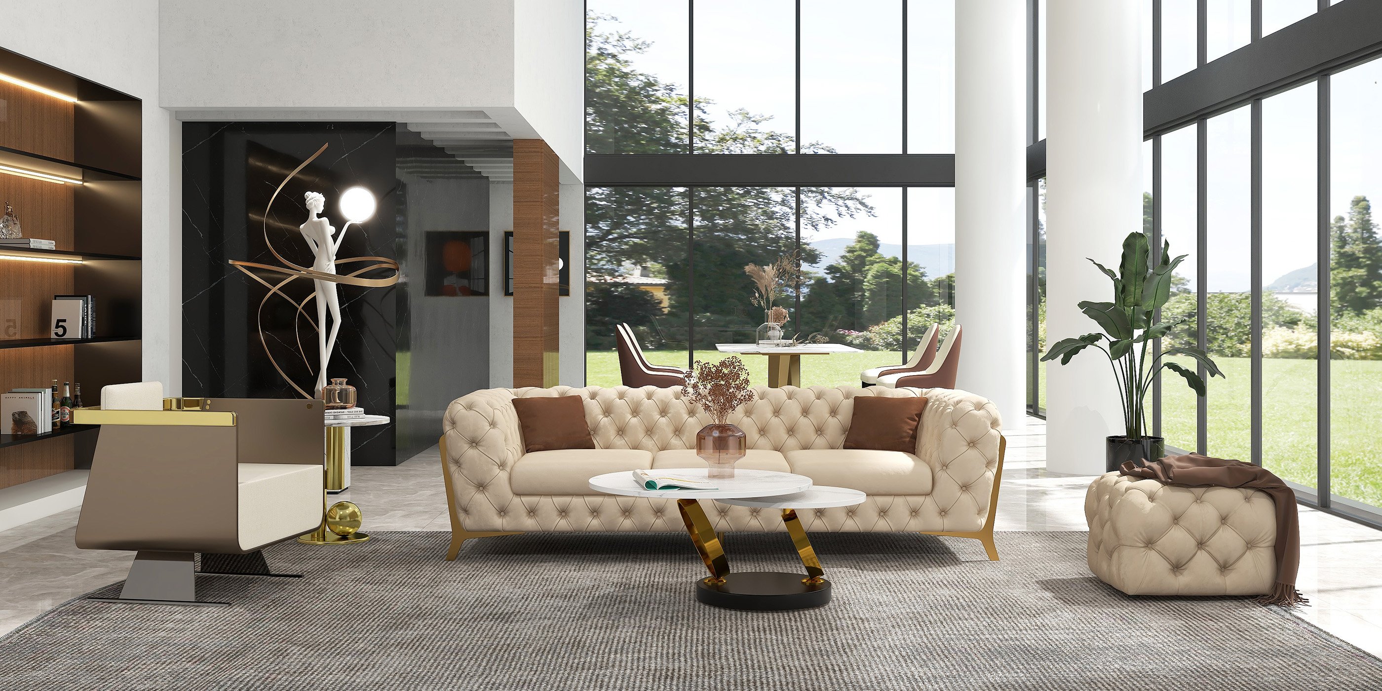 HMR - Chesterfield 3-Seater Sofa Button Tufted Velvet in 91"W, Beige