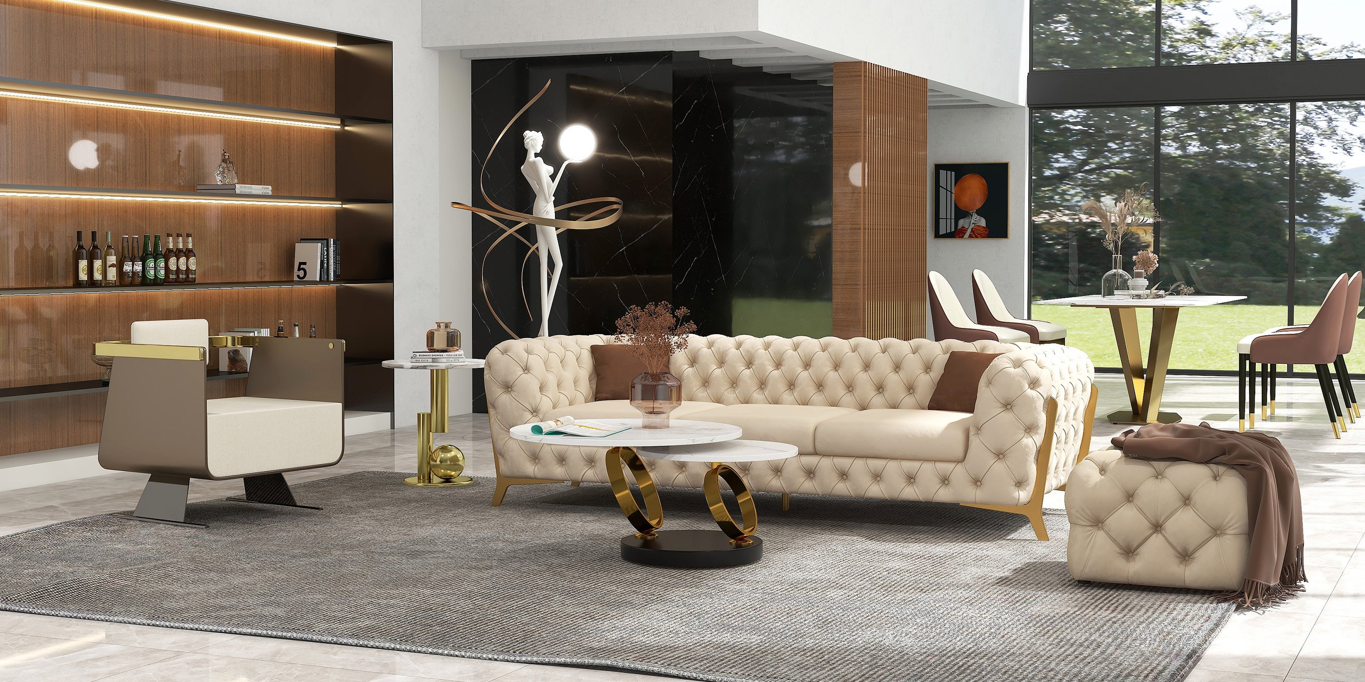 HMR - Chesterfield 3-Seater Sofa Button Tufted Velvet in 91"W, Beige