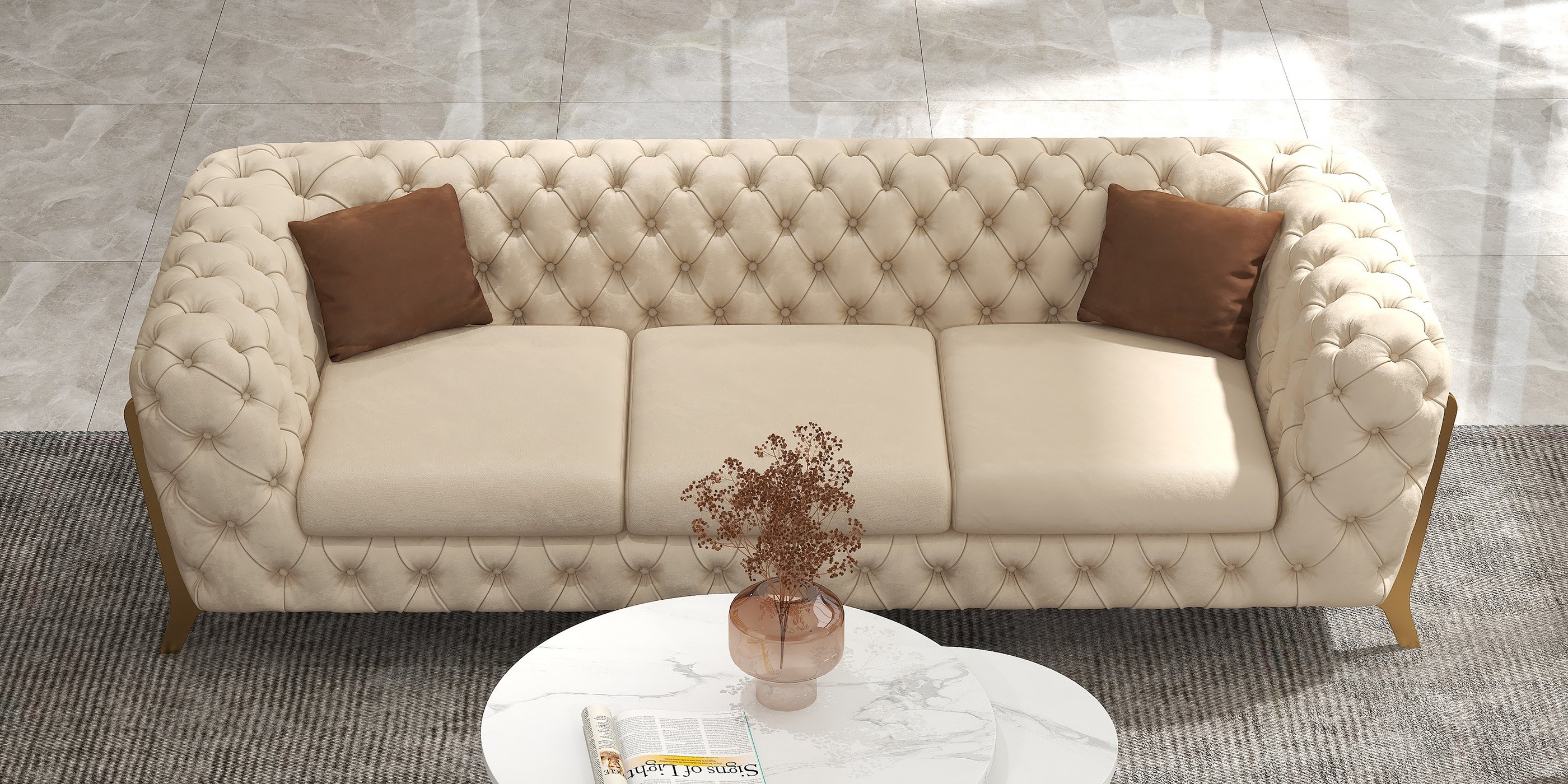 HMR - Chesterfield 3-Seater Sofa Button Tufted Velvet in 91"W, Beige