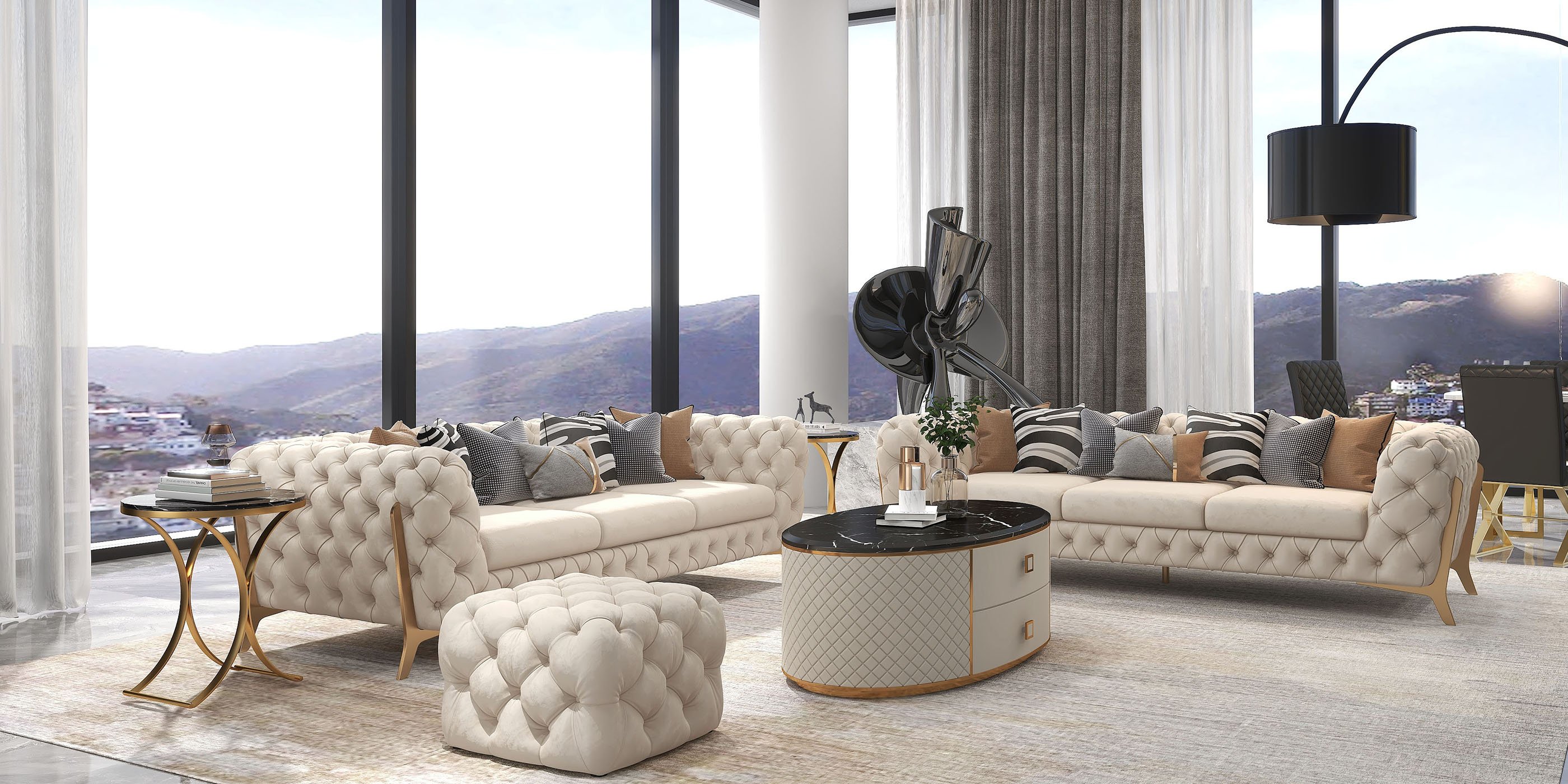 HMR - Chesterfield 3-Seater Sofa Button Tufted Velvet in 91"W, Beige