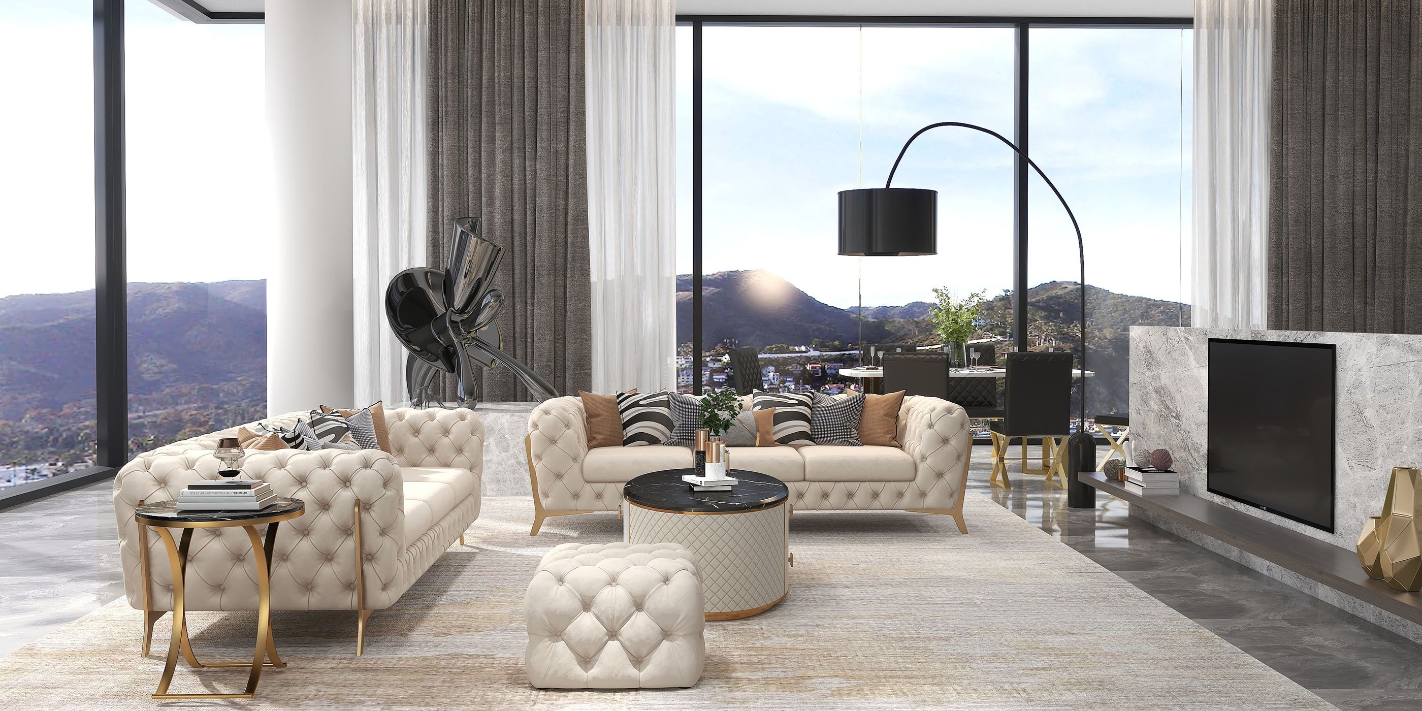 HMR - Chesterfield 3-Seater Sofa Button Tufted Velvet in 91"W, Beige