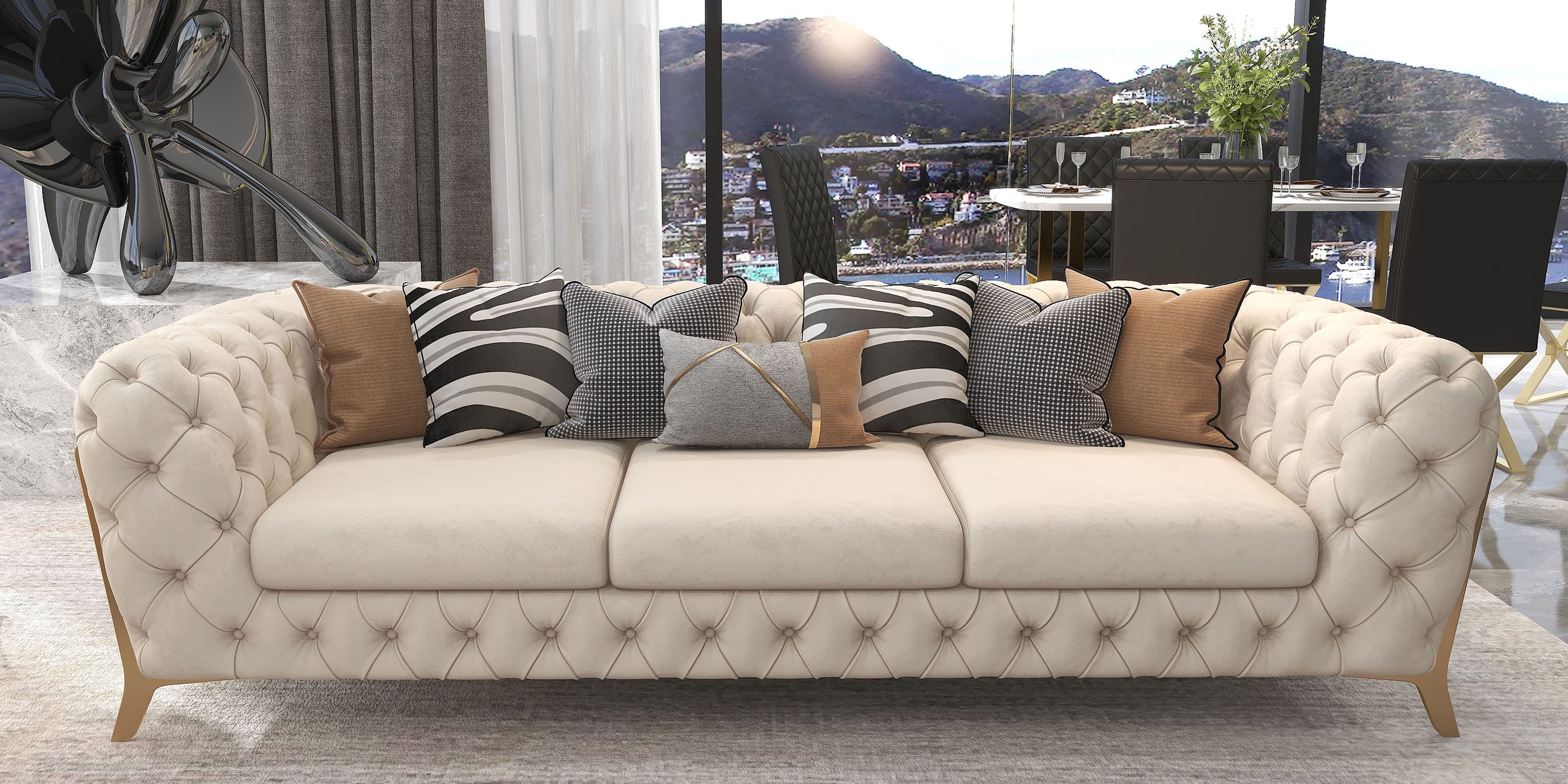 HMR - Chesterfield 3-Seater Sofa Button Tufted Velvet in 91"W, Beige